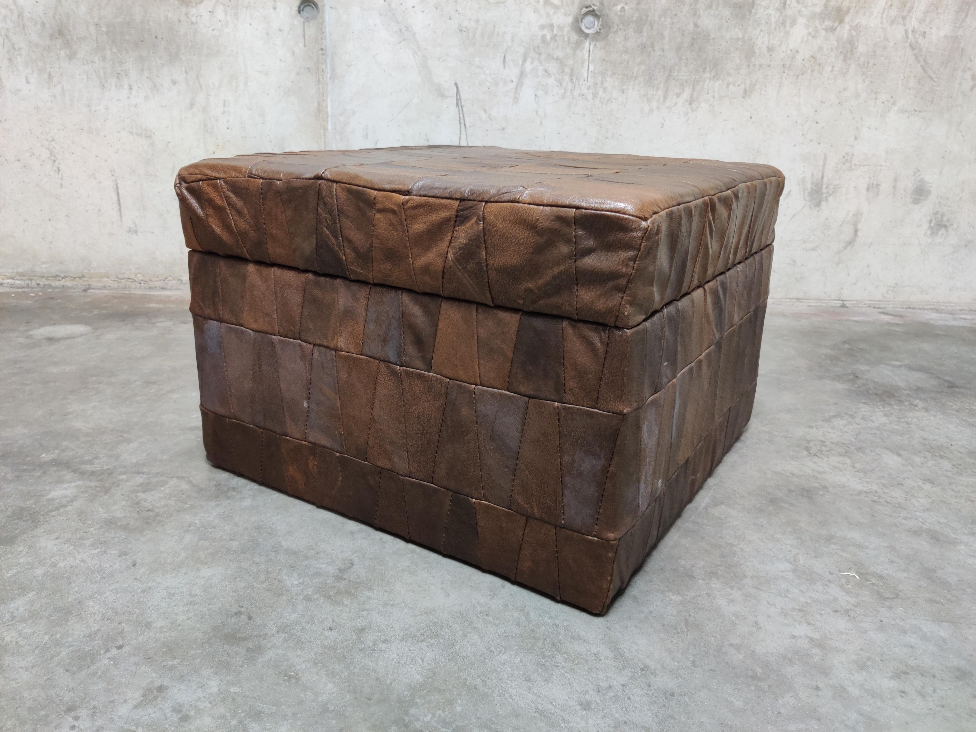 Belgian Vintage Patchwork Leather Ottoman with Storage, 1970s
