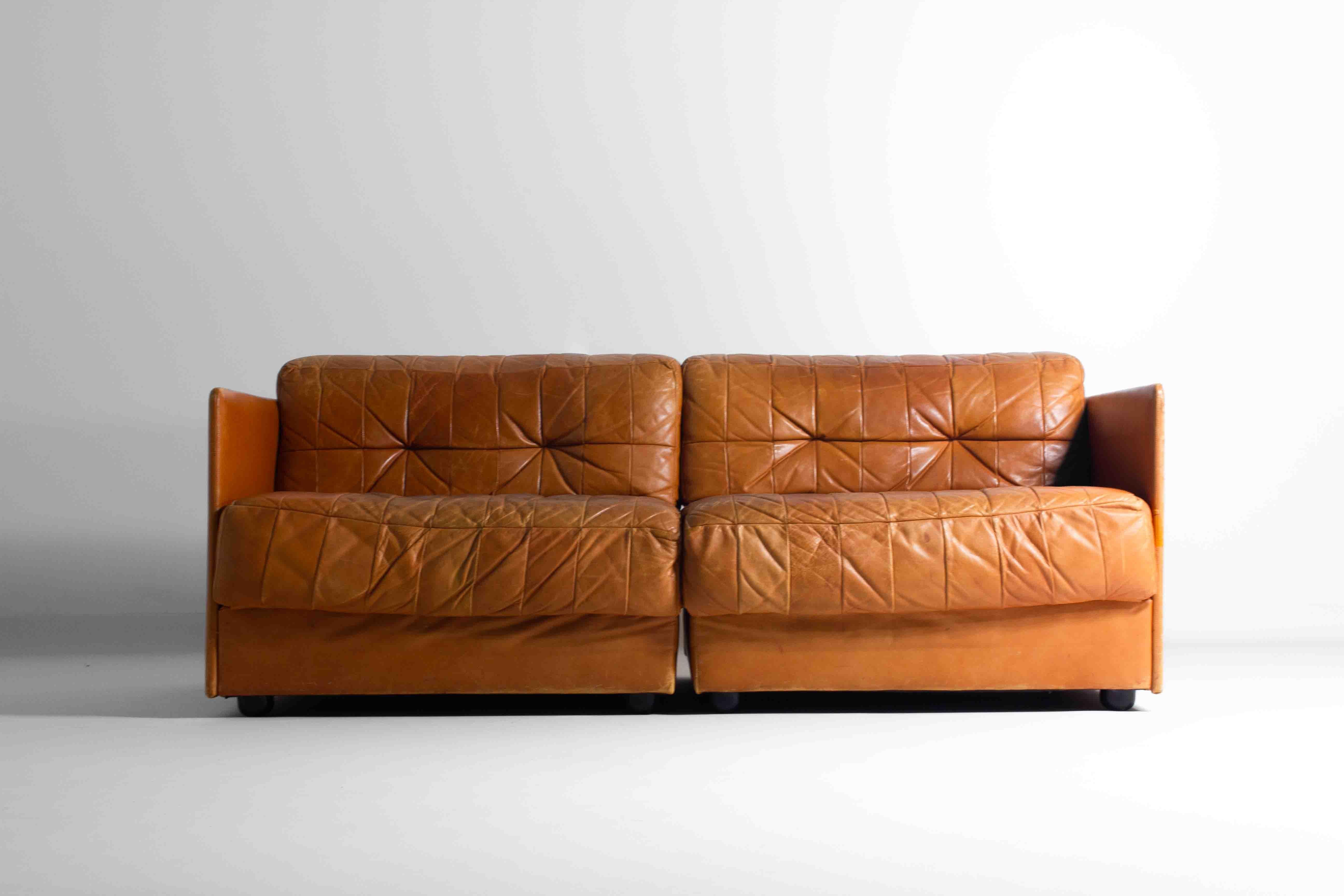 Mid-Century Modern Vintage patchwork leather sofa in caramel leather, Germany 1960s For Sale