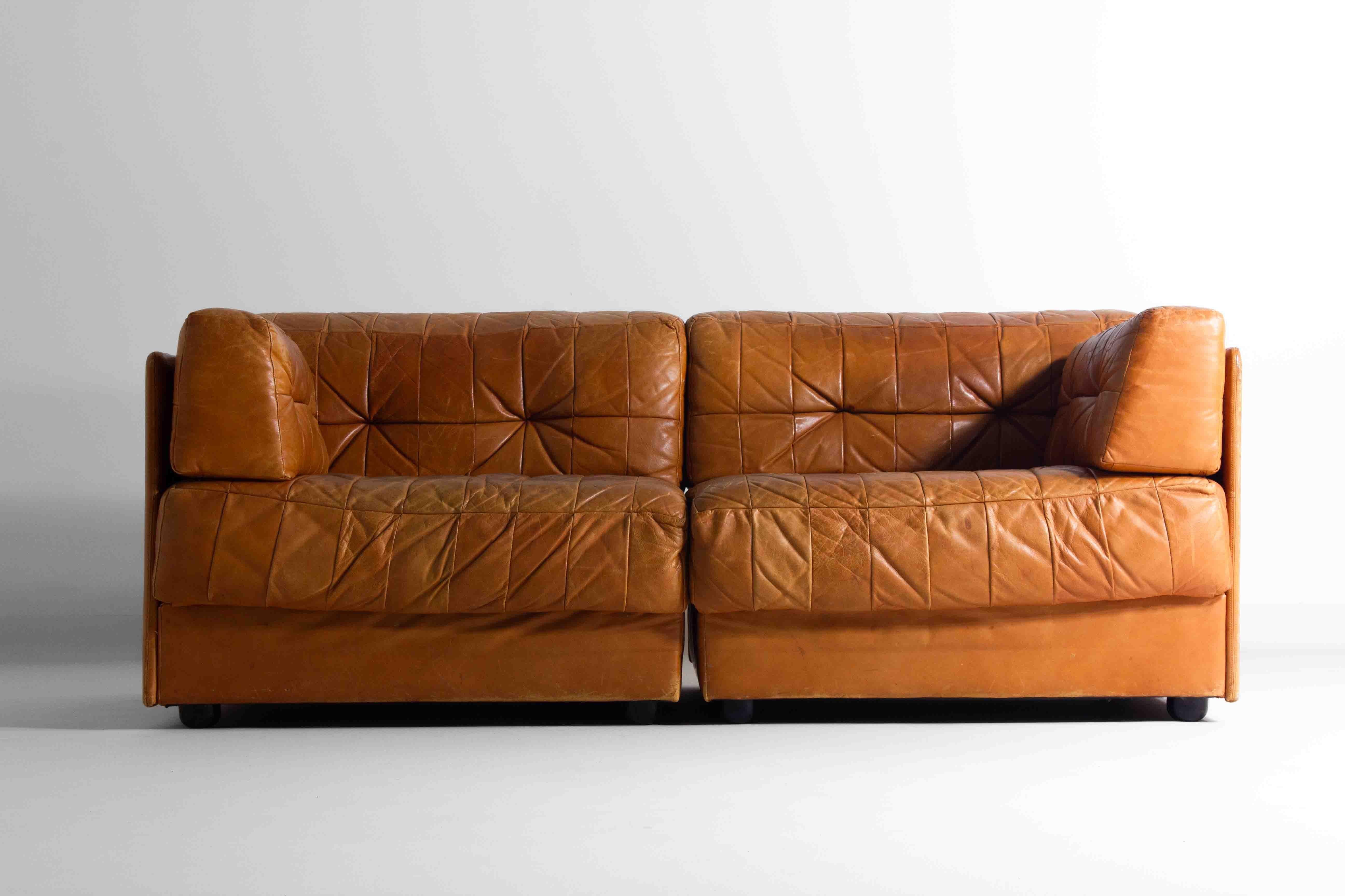 Leather Vintage patchwork leather sofa in caramel leather, Germany 1960s For Sale