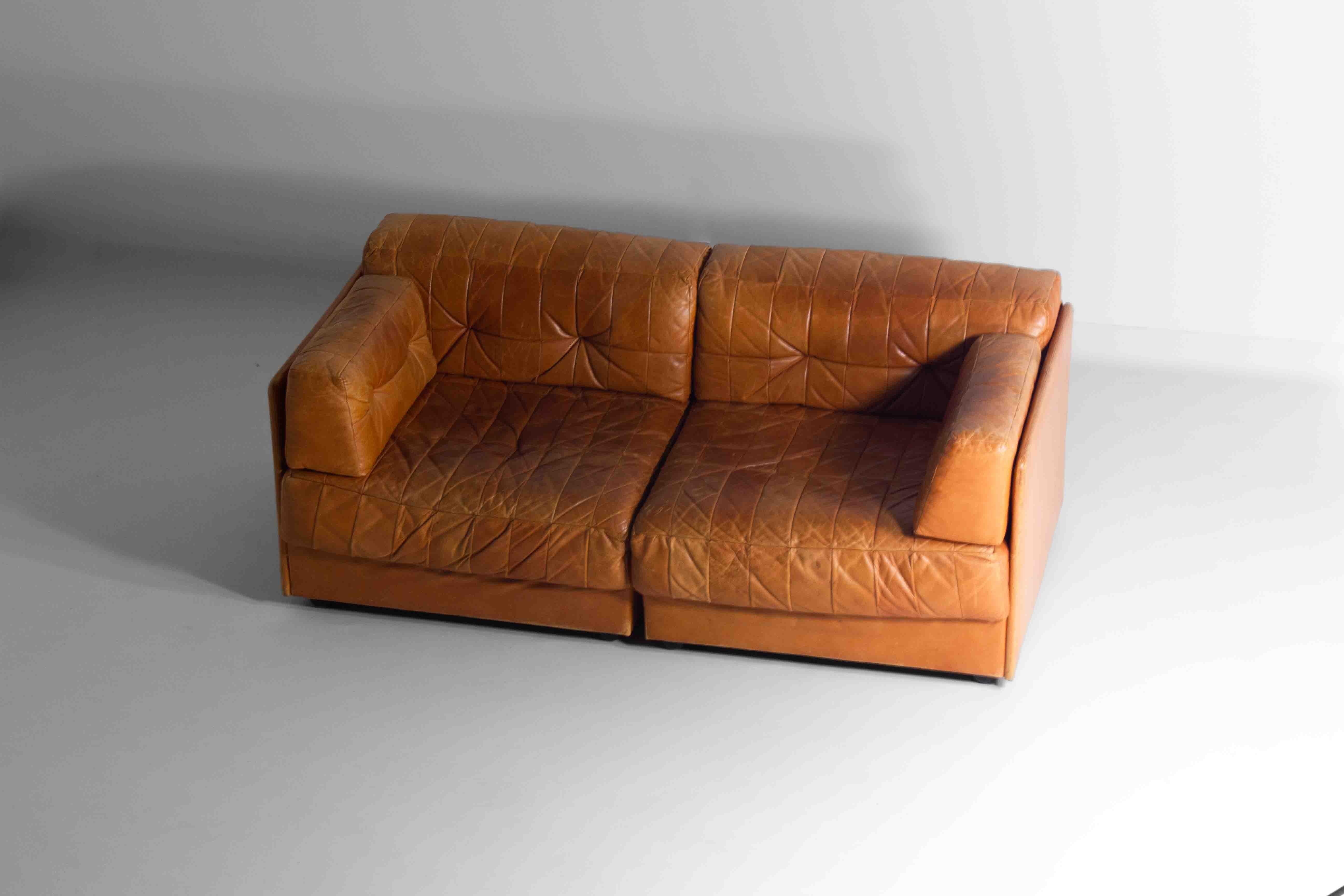 Vintage patchwork leather sofa in caramel leather, Germany 1960s For Sale 1