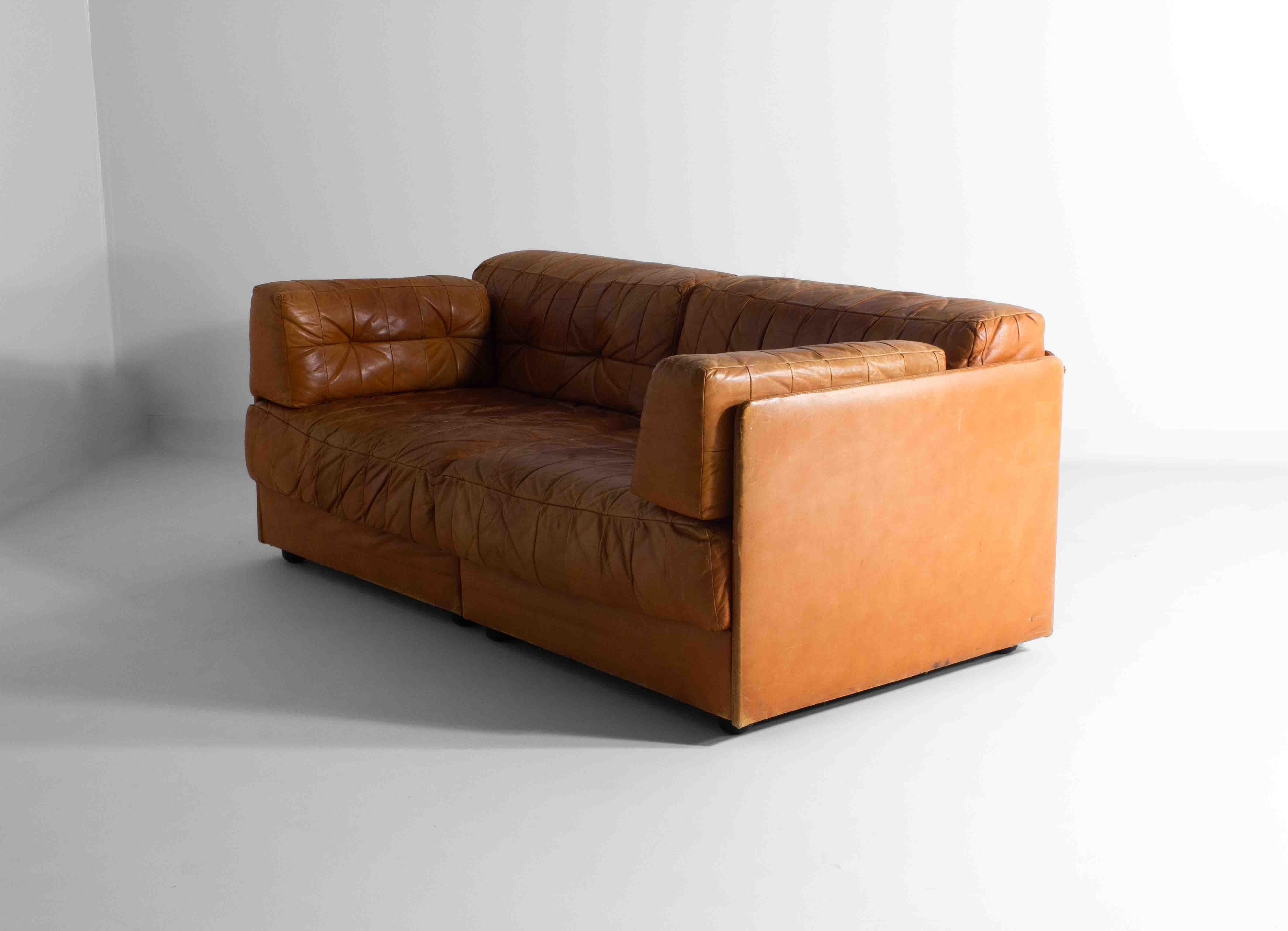 Vintage patchwork leather sofa in caramel leather, Germany 1960s 2