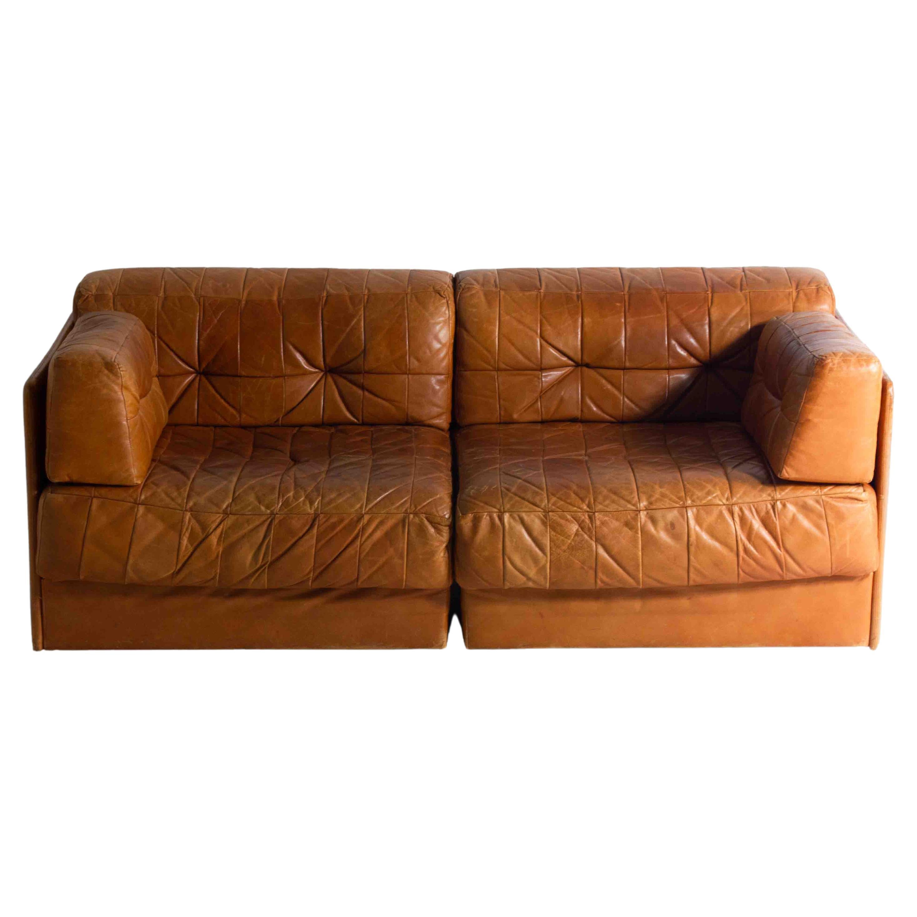 Vintage patchwork leather sofa in caramel leather, Germany 1960s For Sale