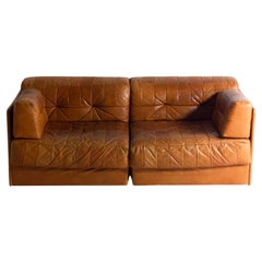 Retro patchwork leather sofa in caramel leather, Germany 1960s