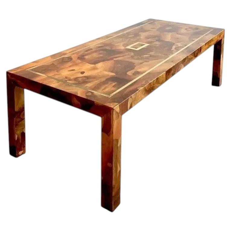 Vintage Patchwork Olive Burl Wood Extendable Dining Table For Sale