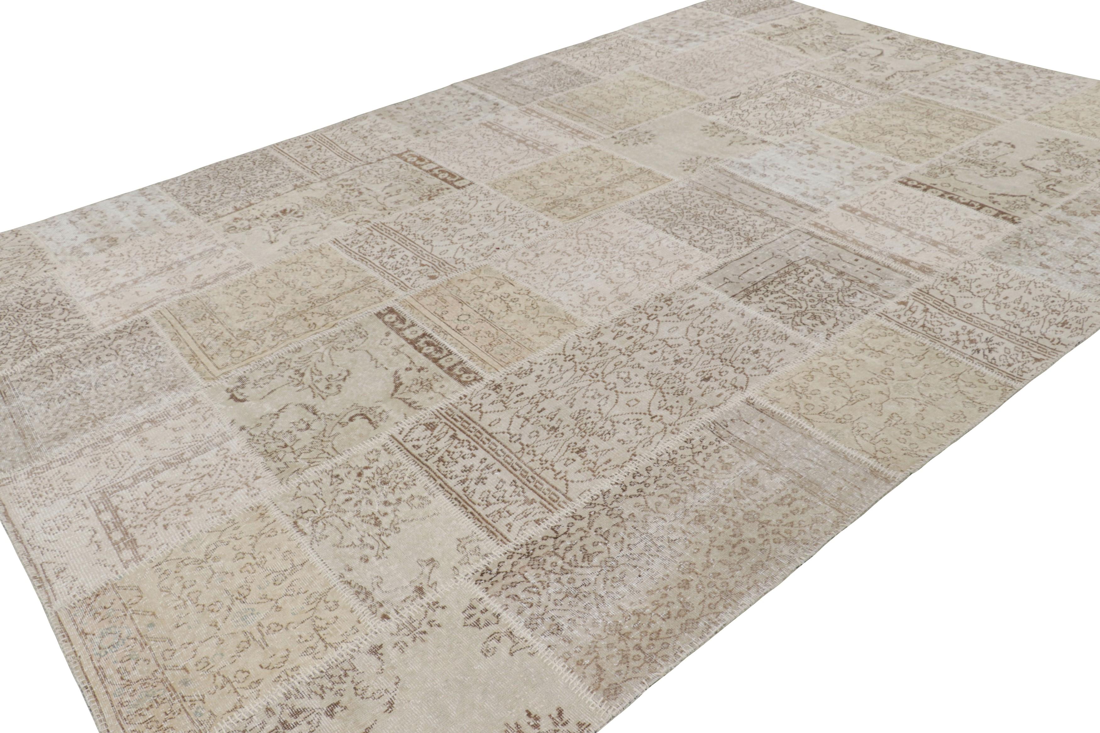 Vintage Patchwork Rug in Beige-Brown with Floral Patterns  Rug & Kilim In Good Condition For Sale In Long Island City, NY