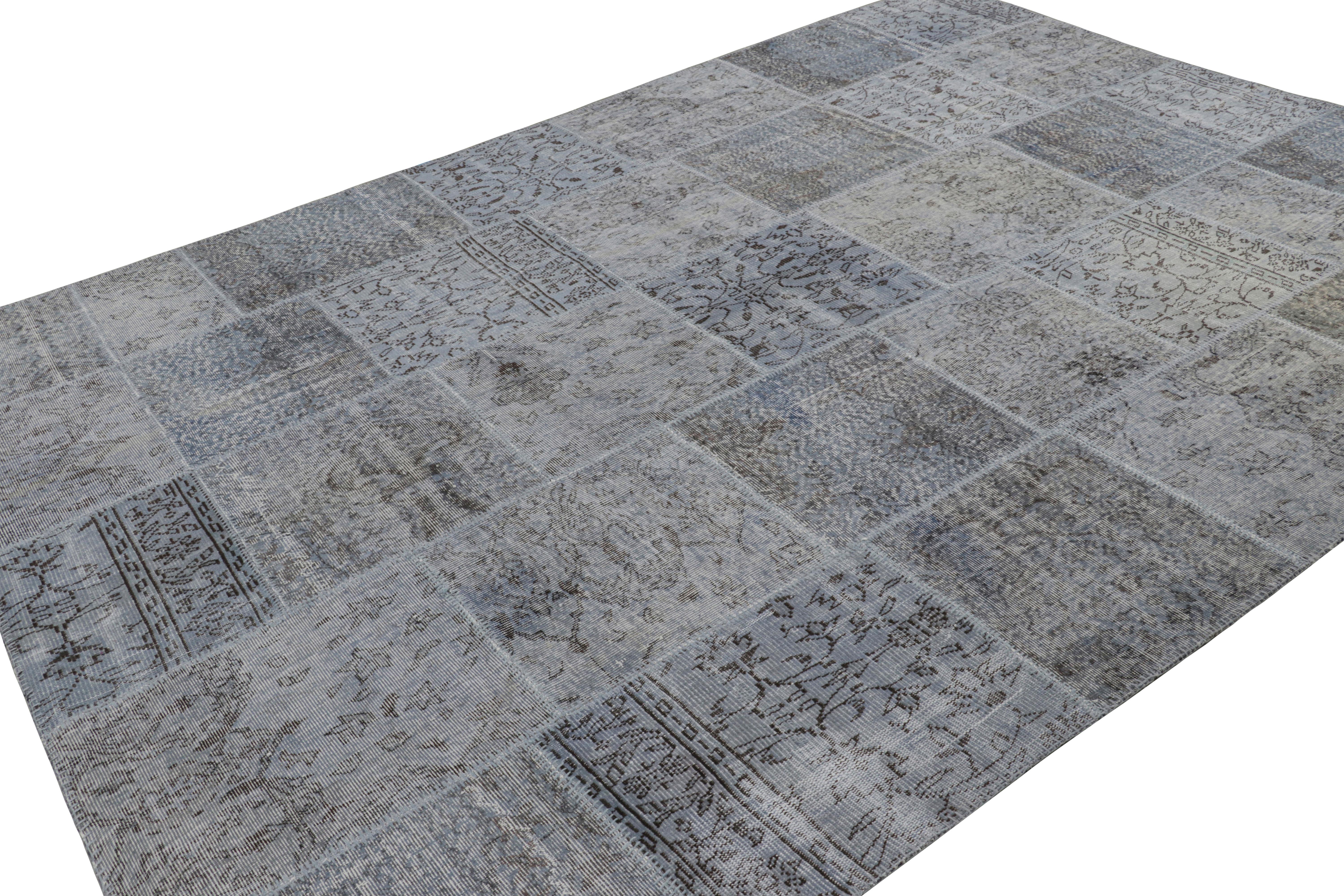 Vintage Patchwork Rug in Blue and Gray with Floral Patterns - Rug & Kilim In Good Condition For Sale In Long Island City, NY