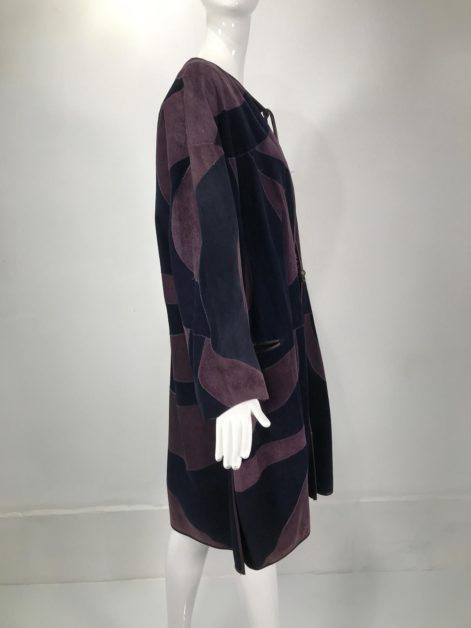 Black Vintage Patchwork Suede Coat in Purple & Navy Finland