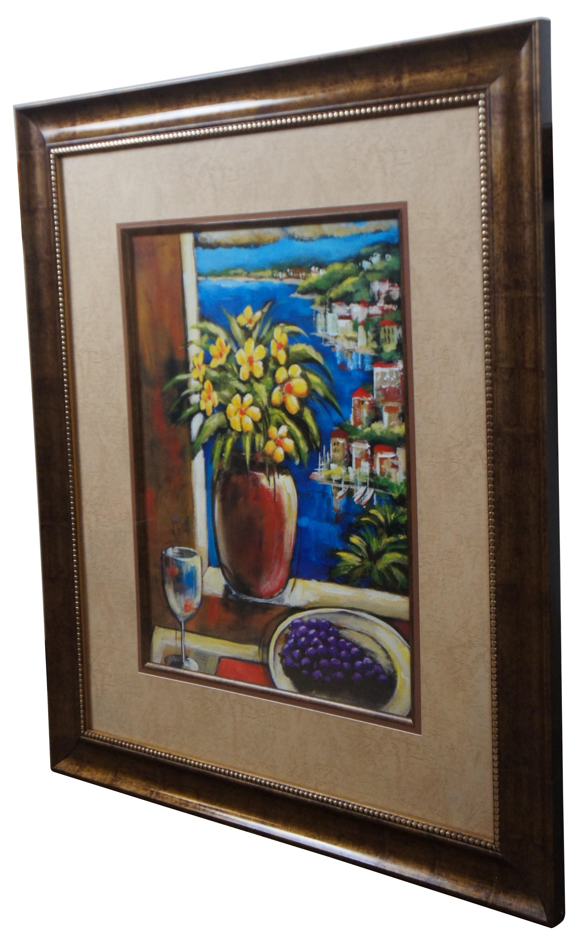 Elegantly framed still life print by Pate showing a plate of grapes and wine glass in front of a vase of yellow flowers in a window showing a coastal landscape.

Measures: 31.5” x 1” x 37.5” / Sans frame - 16.5” x 22.5” (Width x Depth x Height).