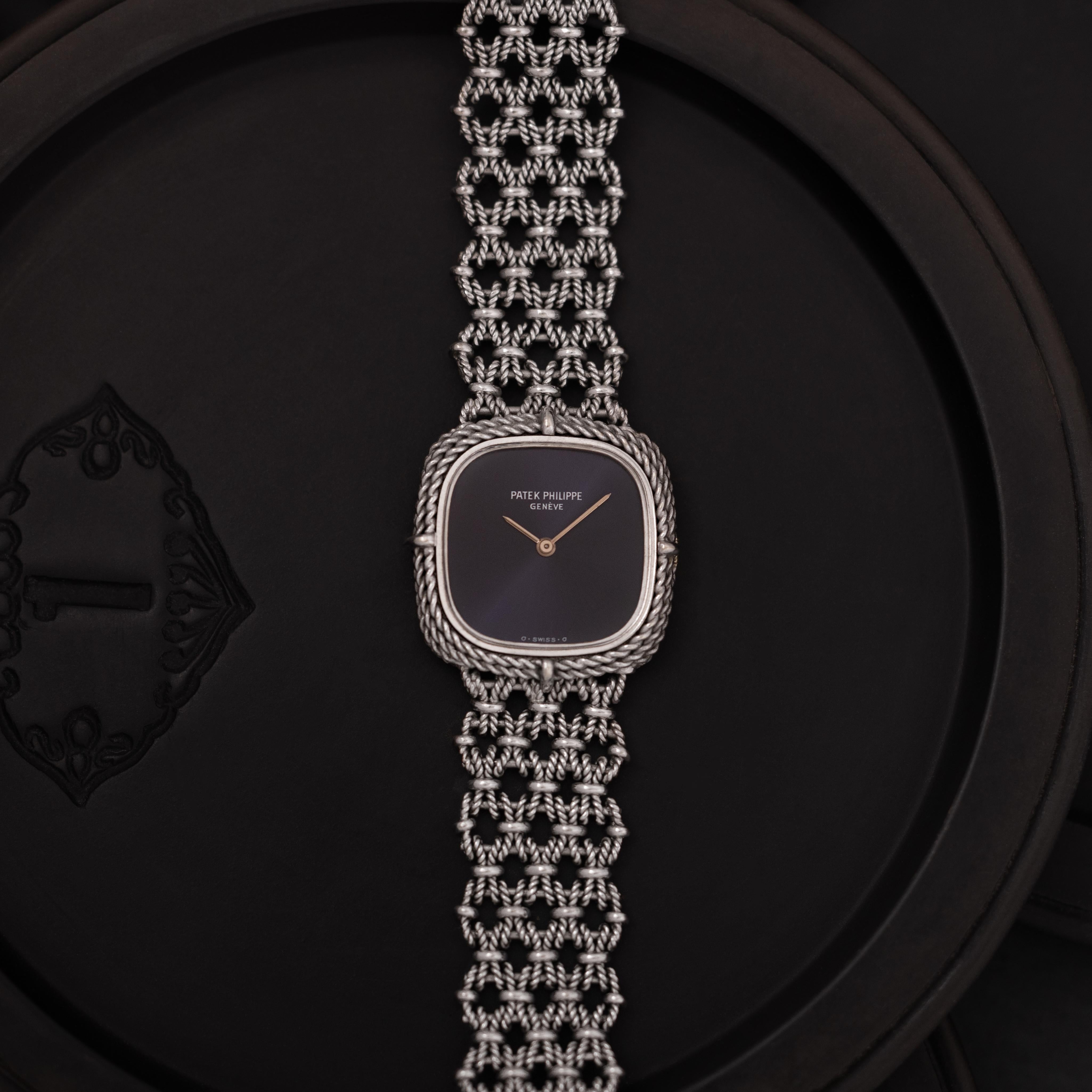 Patek Philippe 18 Karat White Gold Ladies Ellipse
Manual Wind
Dark Navy Cats Eye Dial
Fits up to a 7