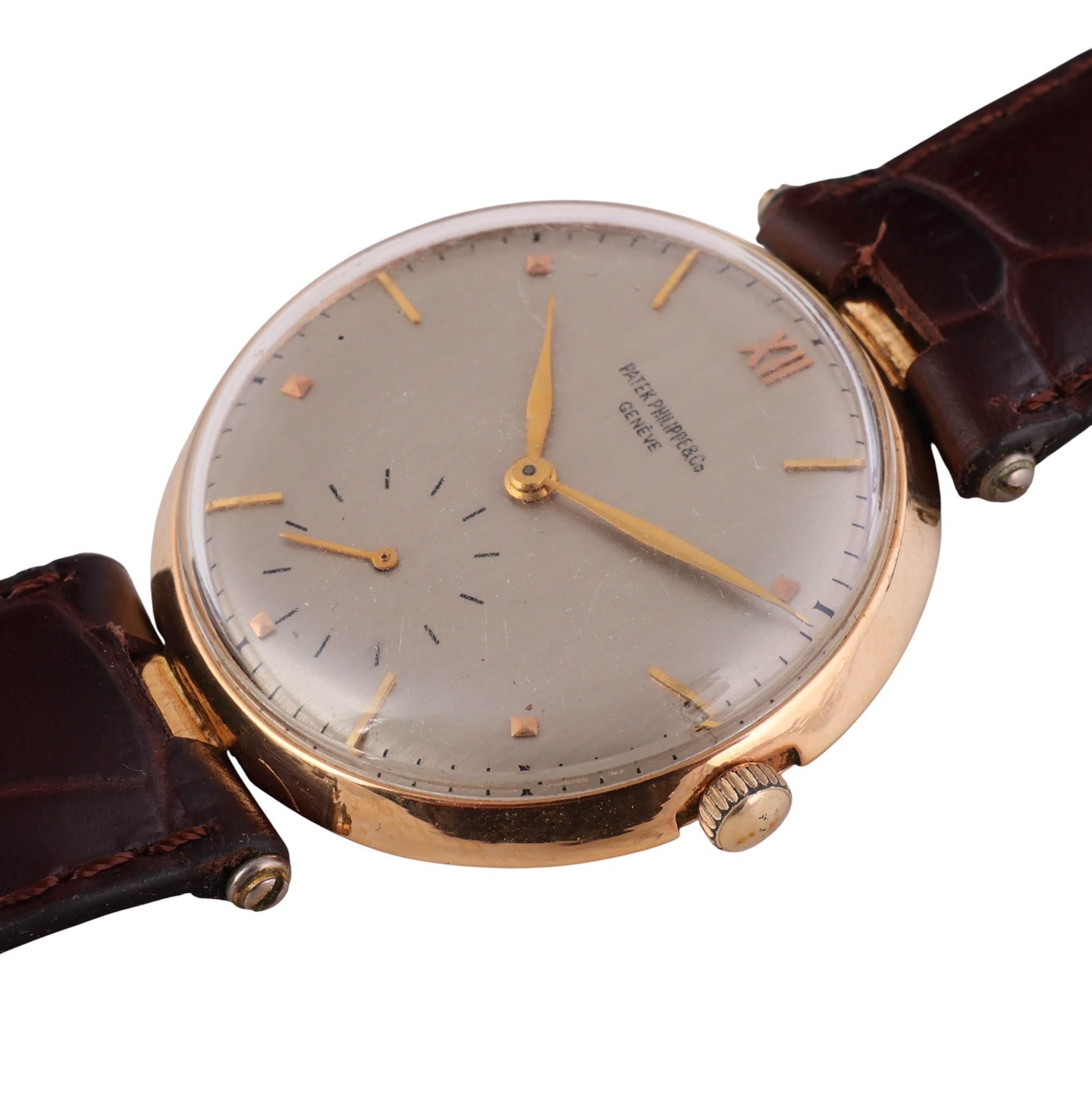 Vintage Patek Philippe 18K Gold 35mm Manual Wind Watch on Leather For Sale 5