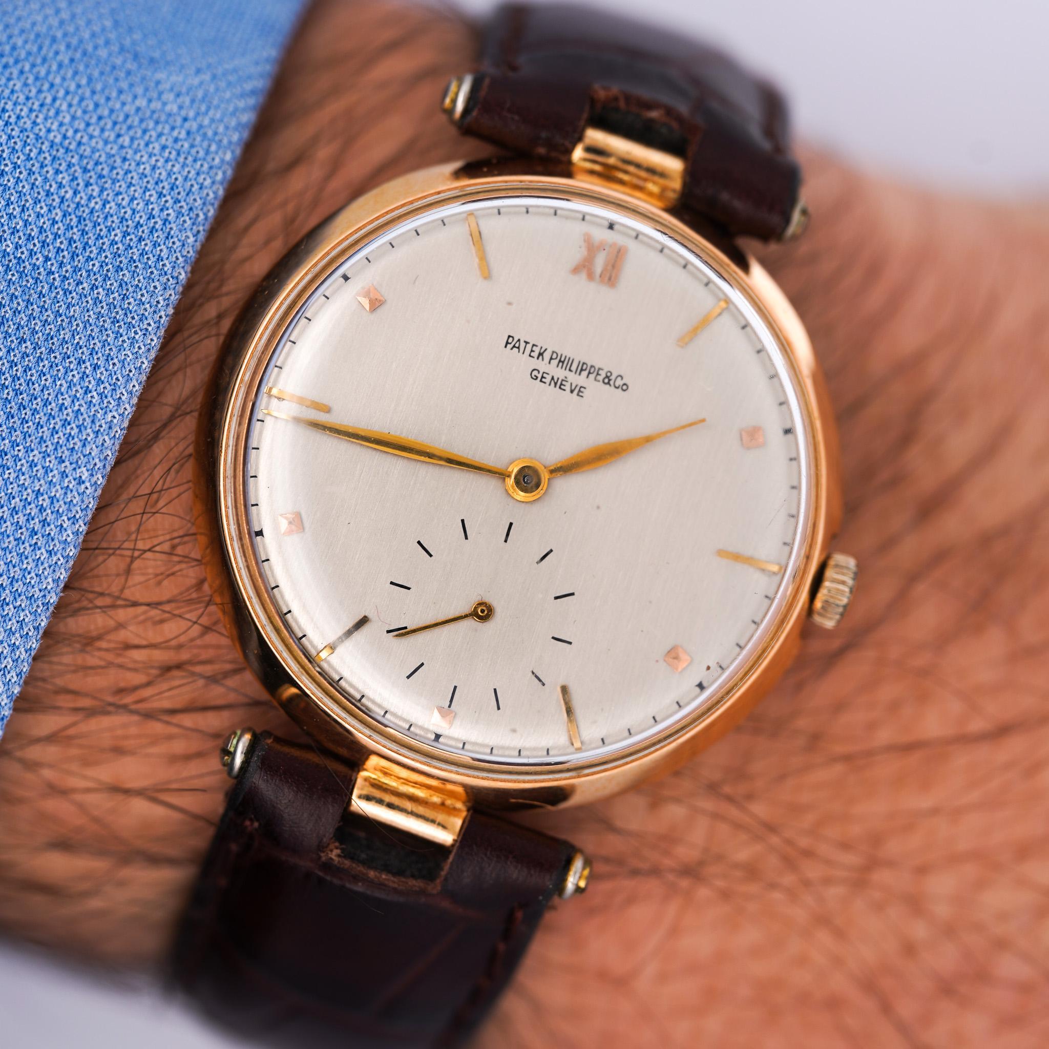 Art Deco Vintage Patek Philippe 18K Gold 35mm Manual Wind Watch on Leather For Sale