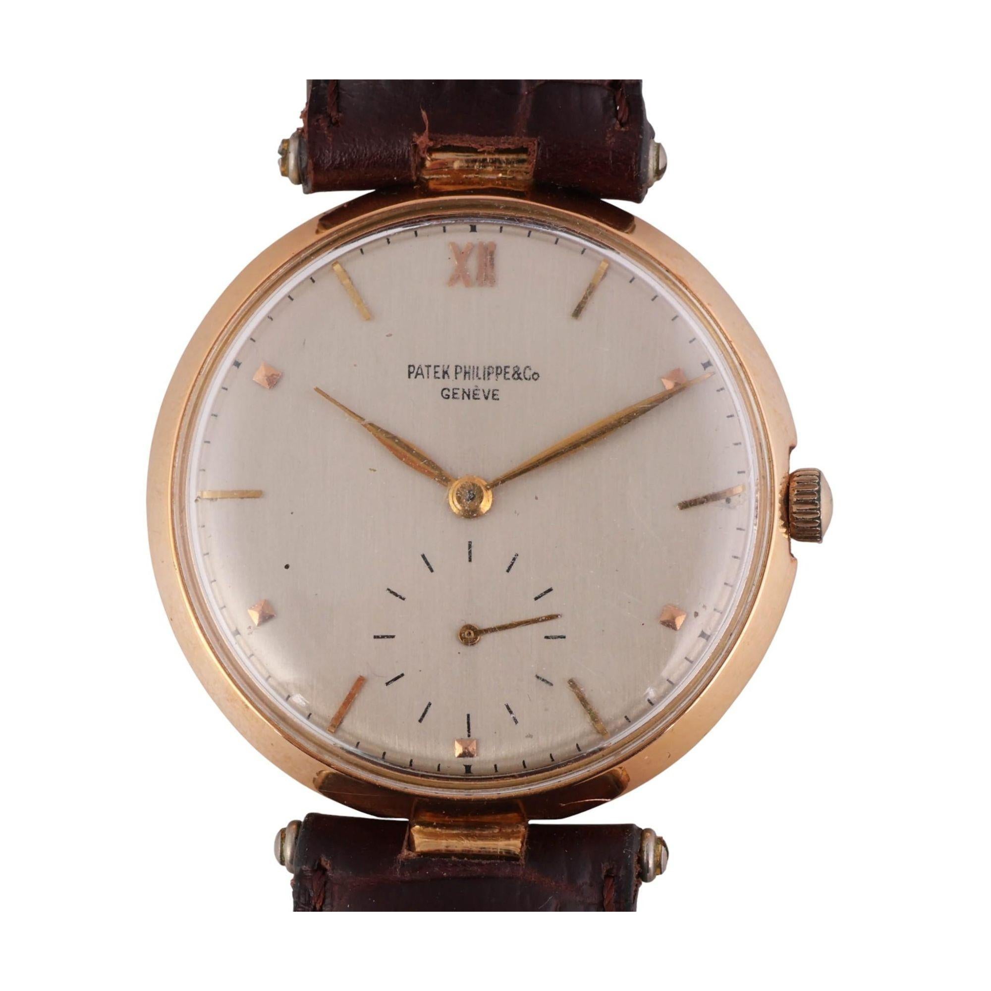 Vintage Patek Philippe 18K Gold 35mm Manual Wind Watch on Leather For Sale 3