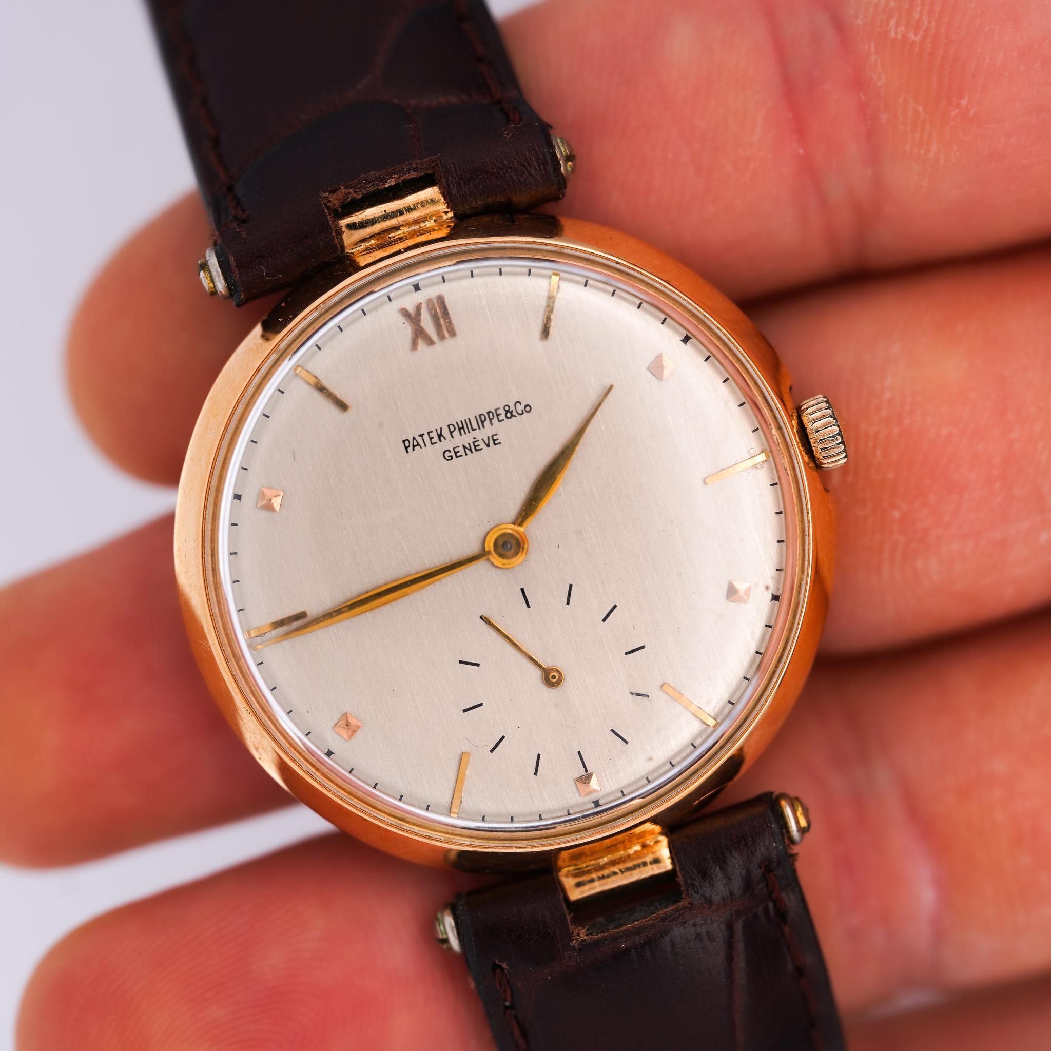 Vintage Patek Philippe 18K Gold 35mm Manual Wind Watch on Leather For Sale 4