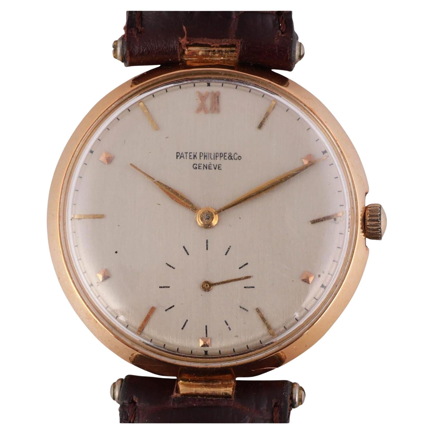 Vintage Patek Philippe 18K Gold 35mm Manual Wind Watch on Leather For Sale