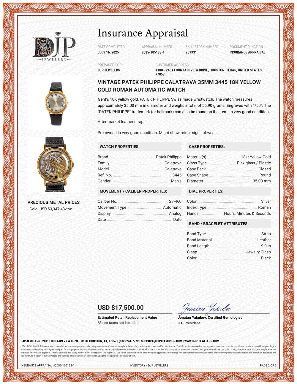 Reloj automático romano vintage Patek Philippe Calatrava 35MM 3445 de oro amarillo de 18 quilates en venta 10