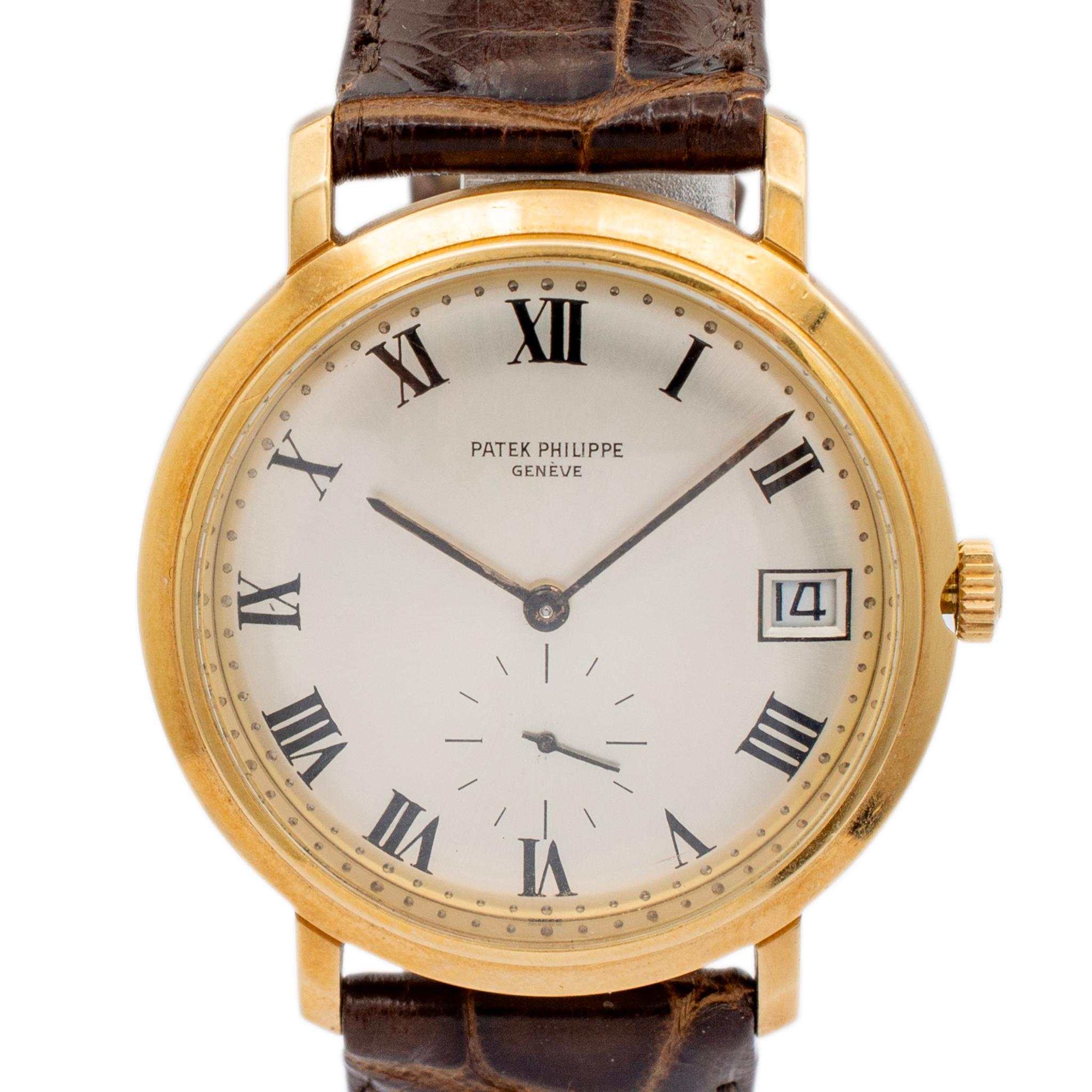 Marke: Patek Phillipe

Metall Typ: 18K Gelbgold

Durchmesser: 36,00 mm

Breite: 18,0 mm

Länge: 8,25  in

Gewicht: 57,50 Gramm

Herrenuhr aus 18K Gelbgold PATEK PHILIPPE, Schweizer Marke. Eingraviert mit 