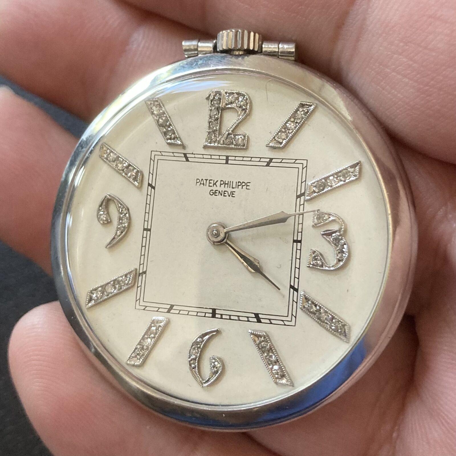 Platinum diamond vintage pocket watch by Patek Philippe.
Works great, fully functional. Serial number 75738 dates this pocket watch to circa 1885.
Details:
Case Size: 41mm (14s)
Weight: 49.4 grams
Movement: Manual wind
Dial: Diamonds on 3,6,9,12,