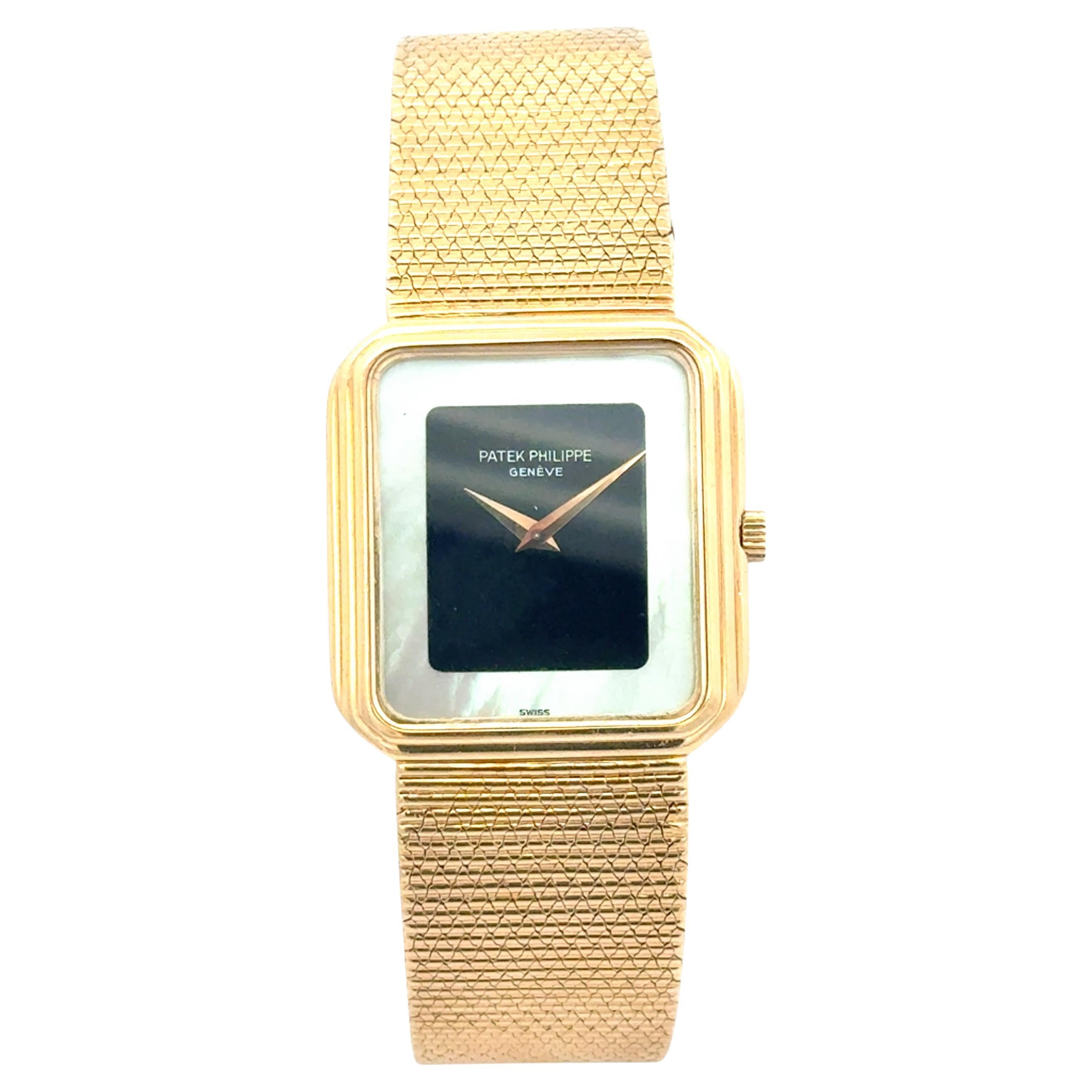 Vintage Patek Philippe Geneve 3851/1 Onyx Nacre Mother of Pearl 18k Yellow Gold For Sale