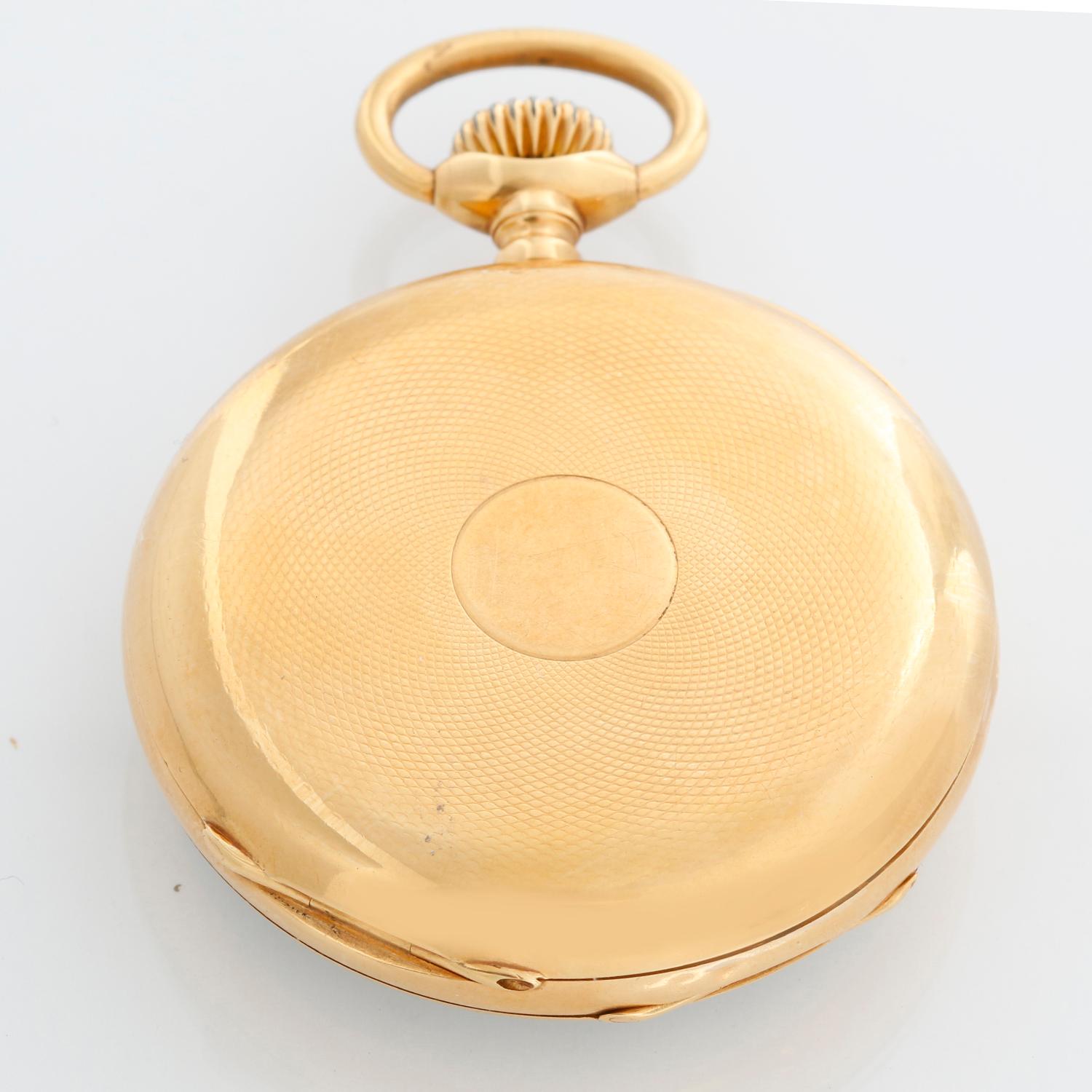 Vintage Patek Philippe Gondolo 18k Yellow Gold Open Face Pocket Watch - Manual winding. Huge 18k yellow case with very unique raised design on case back  (52mm diameter). Single sunk dial porcelain with black Roman numerals. Pre-owned, vintage Patek