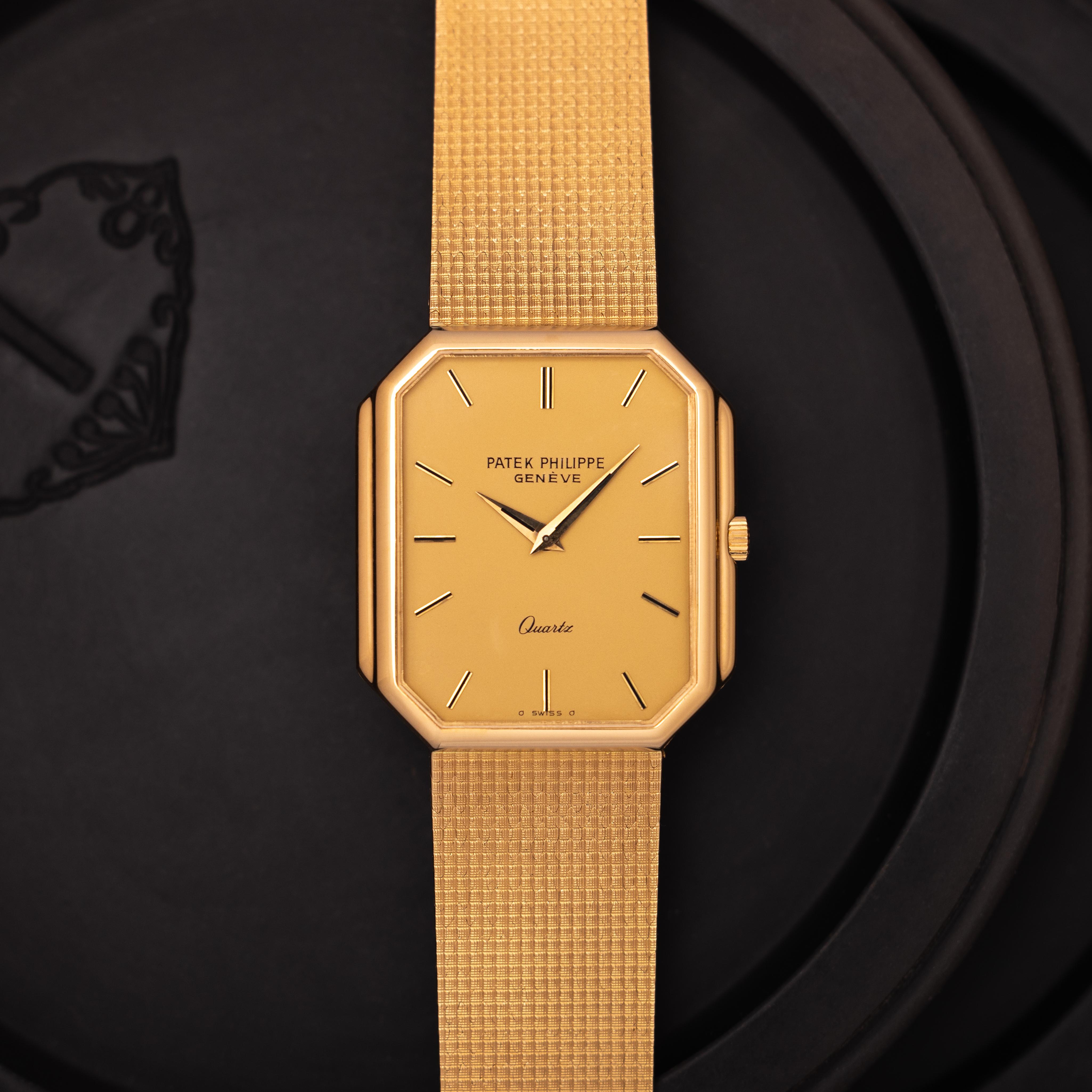 Vintage Patek Philippe Gondolo 
18k Yellow Gold 
Model 3853
30mm x 34mm Gold Dial
Quartz Movement 
Fits up to a 7.4