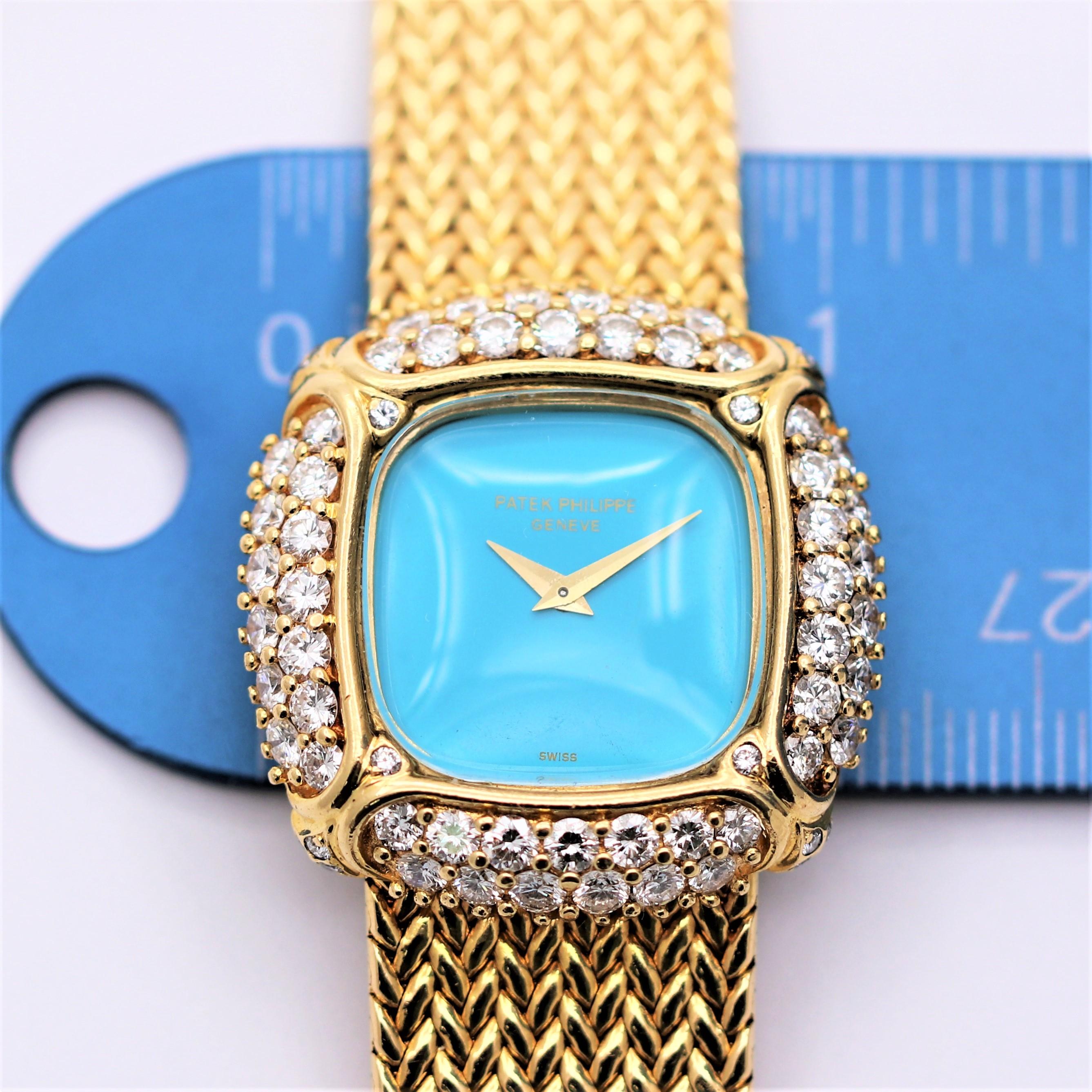 Vintage Patek Philippe Ladies 18k Yellow Gold, Diamond and Turquoise Wrist Watch 3