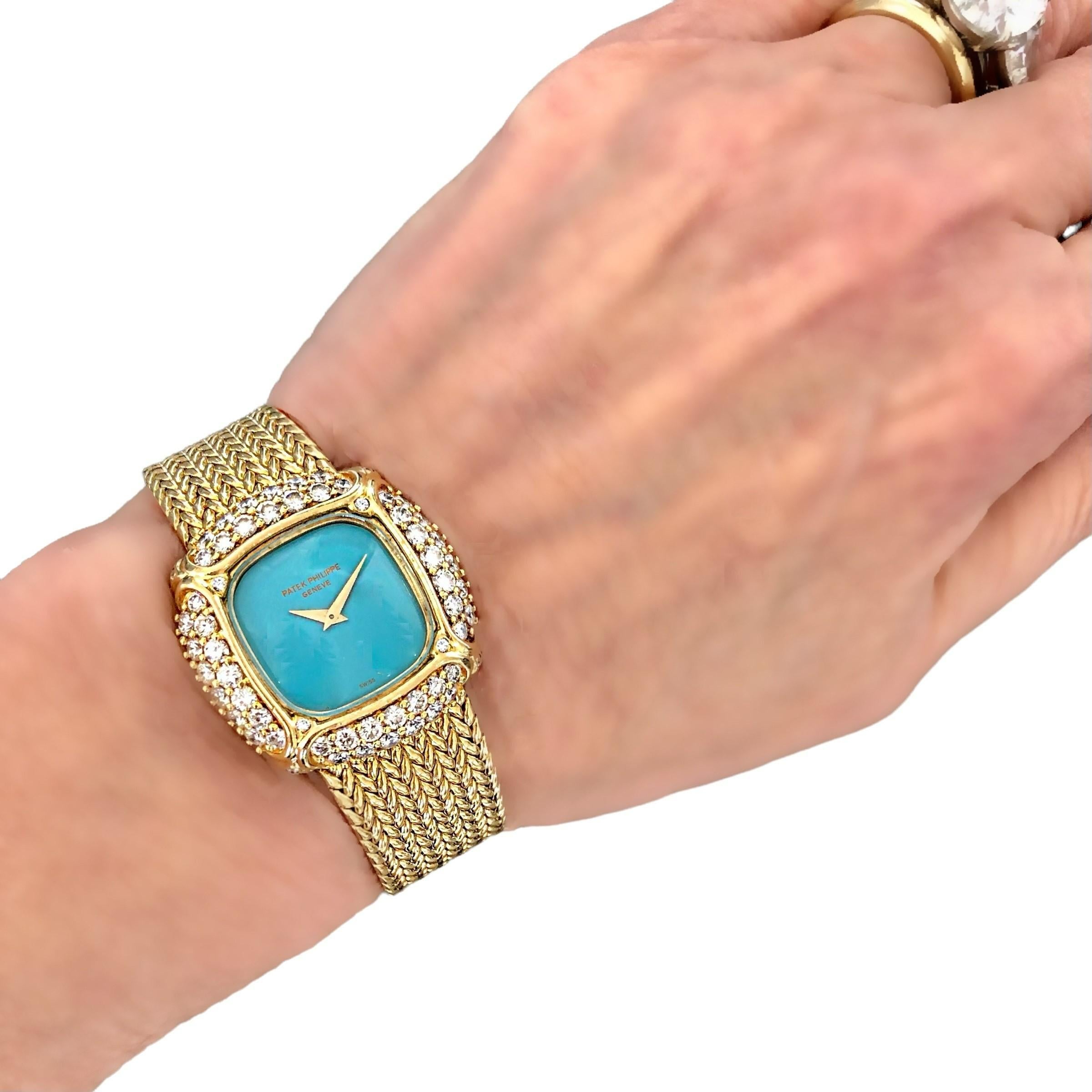 Modern Vintage Patek Philippe Ladies 18k Yellow Gold, Diamond and Turquoise Wrist Watch