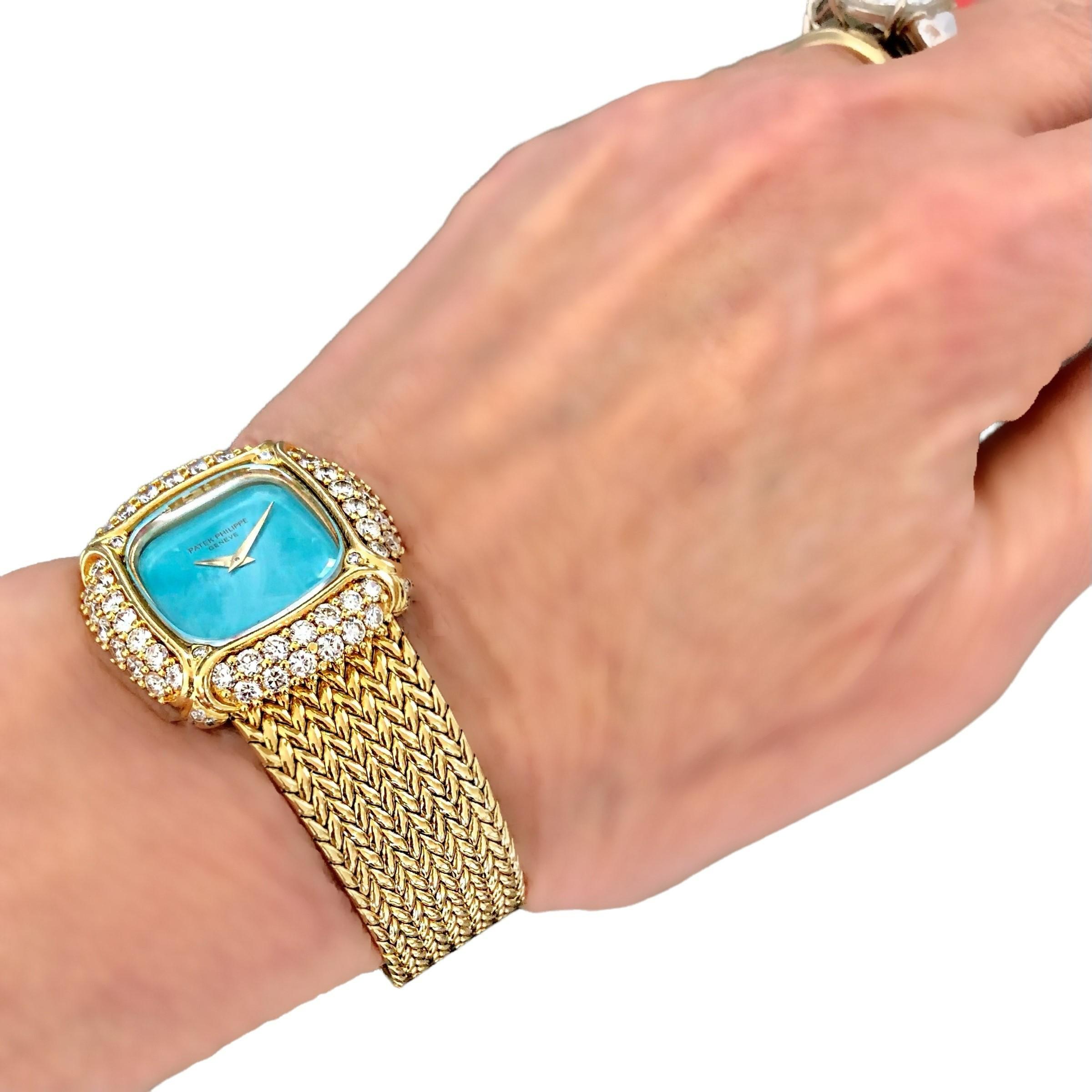 Brilliant Cut Vintage Patek Philippe Ladies 18k Yellow Gold, Diamond and Turquoise Wrist Watch