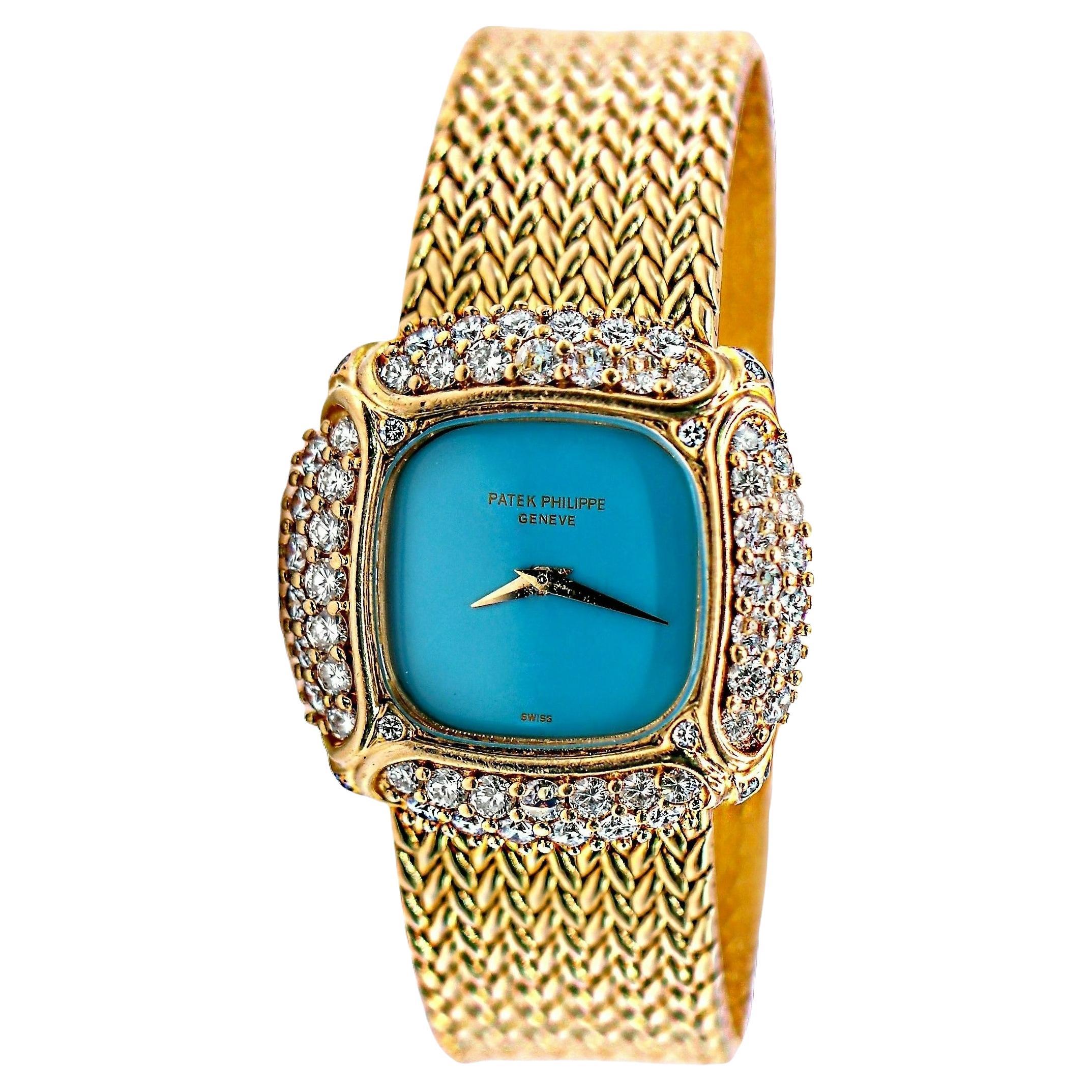 Vintage Patek Philippe Ladies 18k Yellow Gold, Diamond and Turquoise Wrist Watch