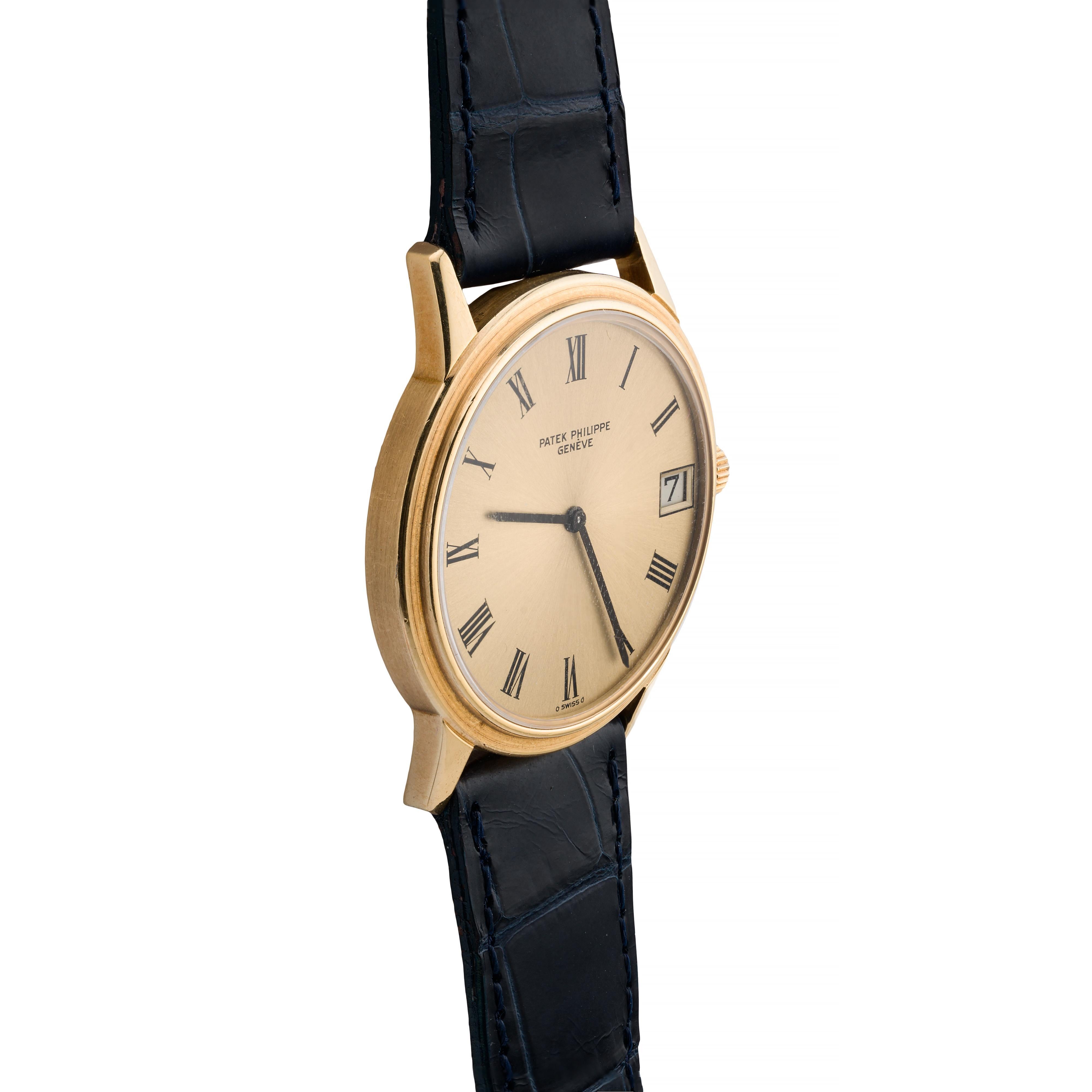 Aston Estate Jewelry Presents:

A Patek Philippe mid-20th century timepiece, crafted with precision and elegance. This round watch features a 35mm face, showcasing a classic design with Roman numeral markers. The watch is encased in luxurious 18k