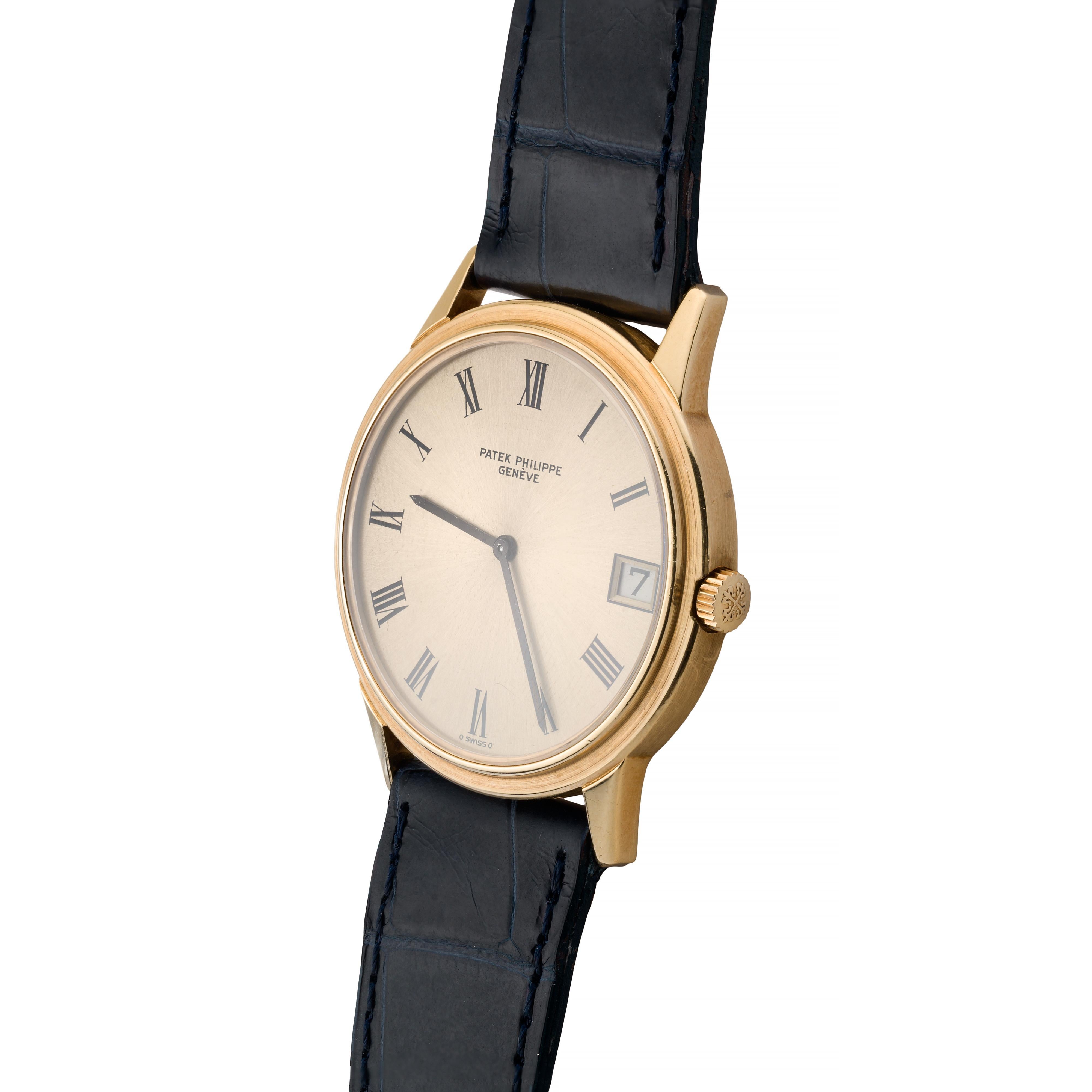 Vintage Patek Philippe Ref 3595 Slim Automatic Wrist Watch with Date in 18K Gold In Excellent Condition In Boston, MA