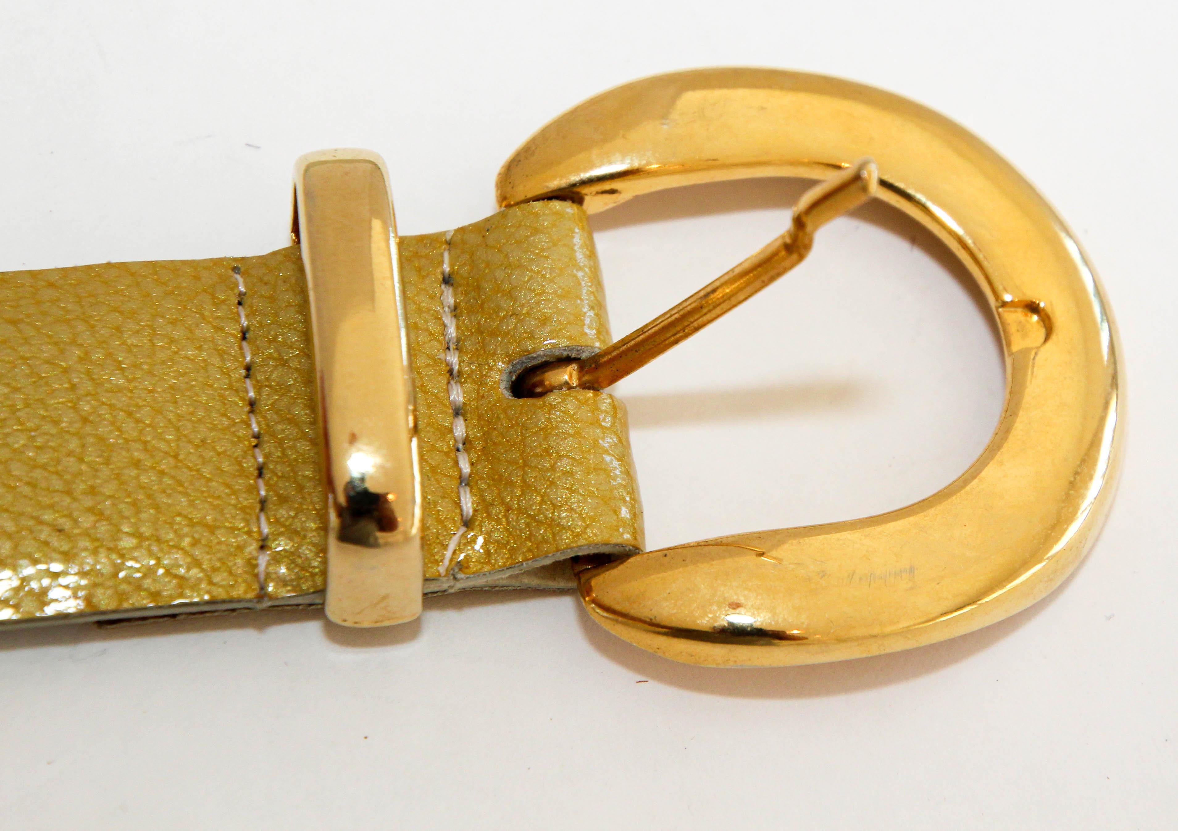 Vintage-Ledergürtel aus Lackleder in Gold mit H-Messing-Logo, hergestellt in Frankreich im Angebot 6
