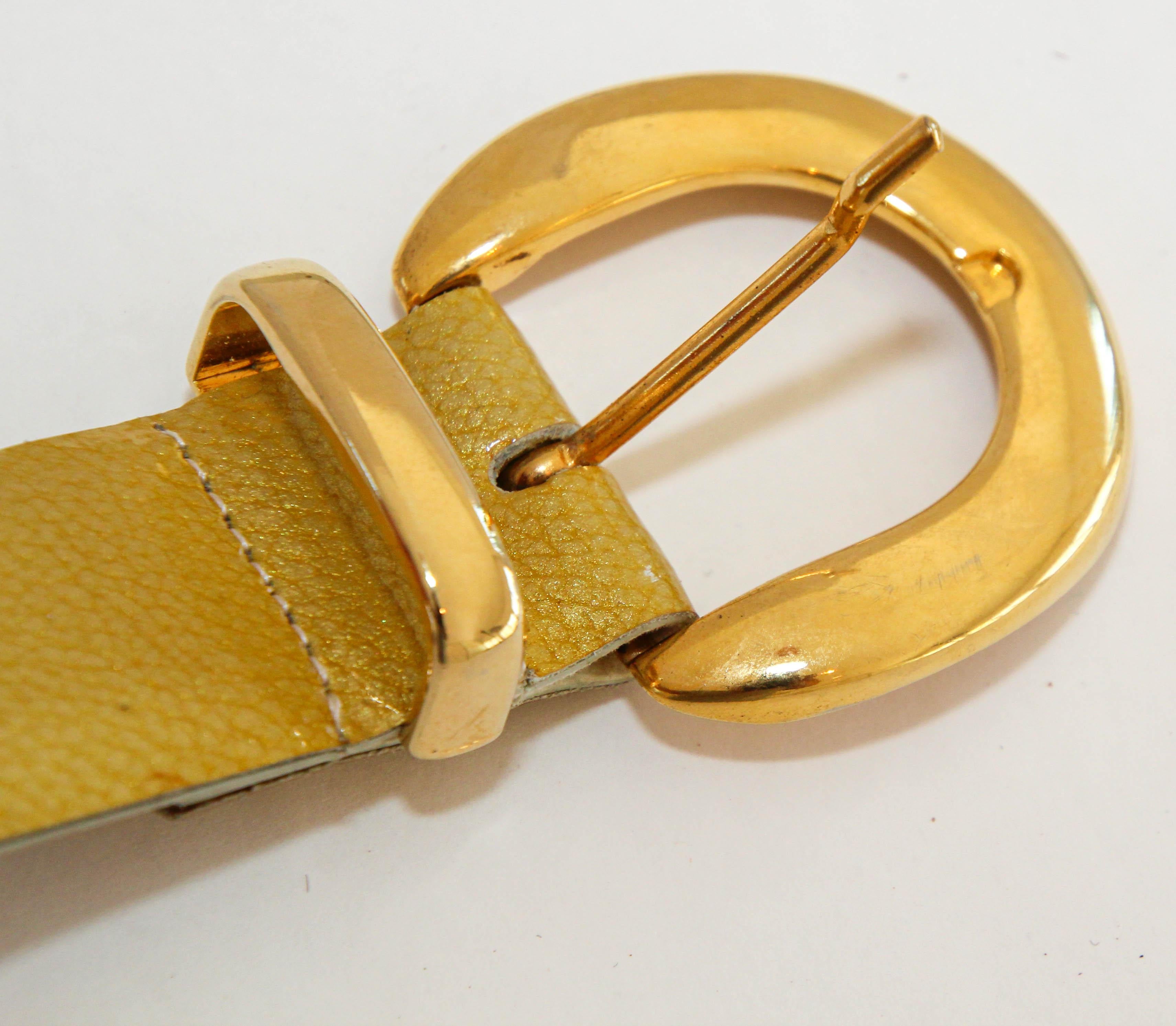 Vintage-Ledergürtel aus Lackleder in Gold mit H-Messing-Logo, hergestellt in Frankreich im Angebot 7