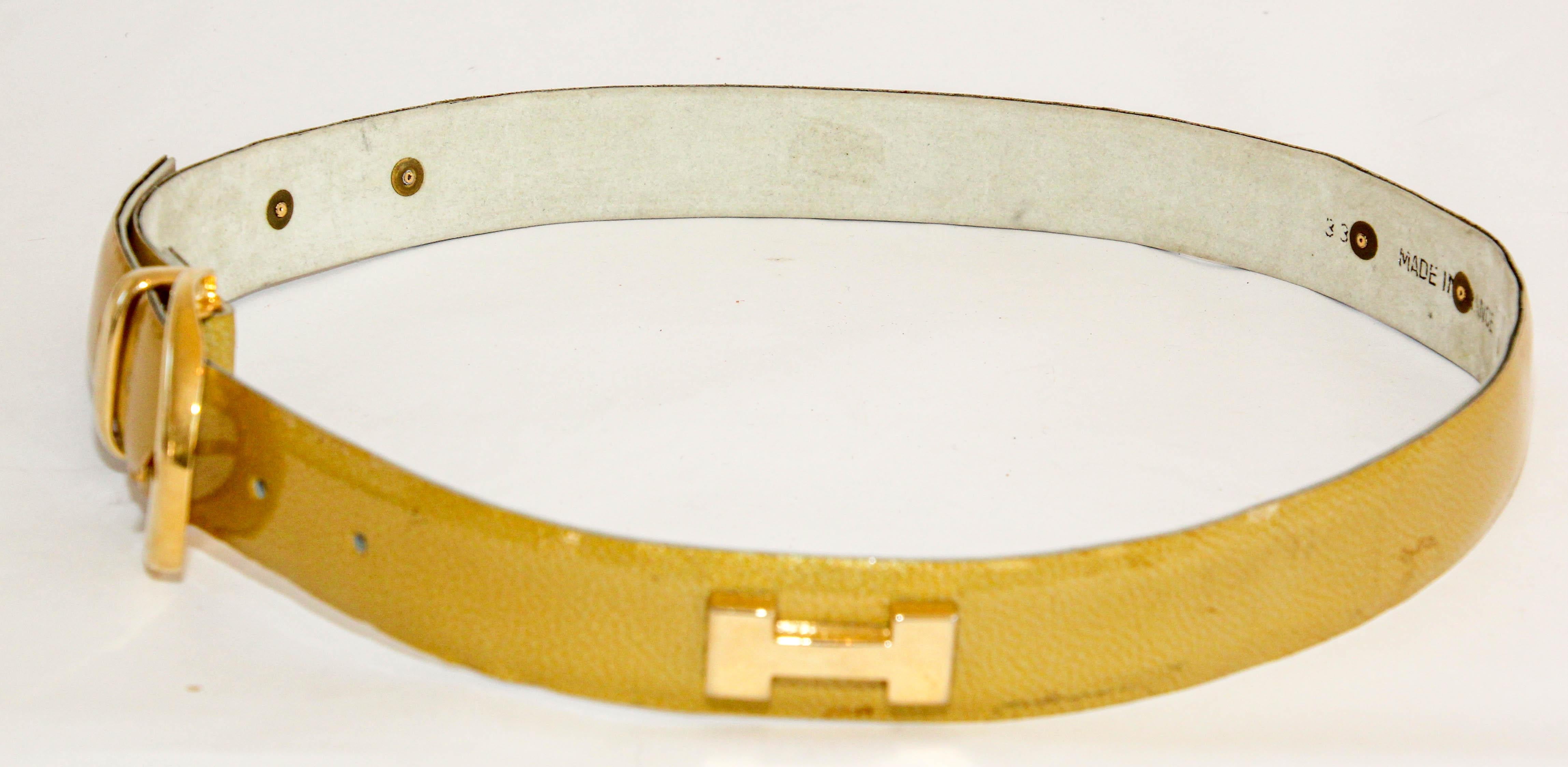 Vintage Patent Gold Leather Belt with H Brass Logo Made In France For Sale 1