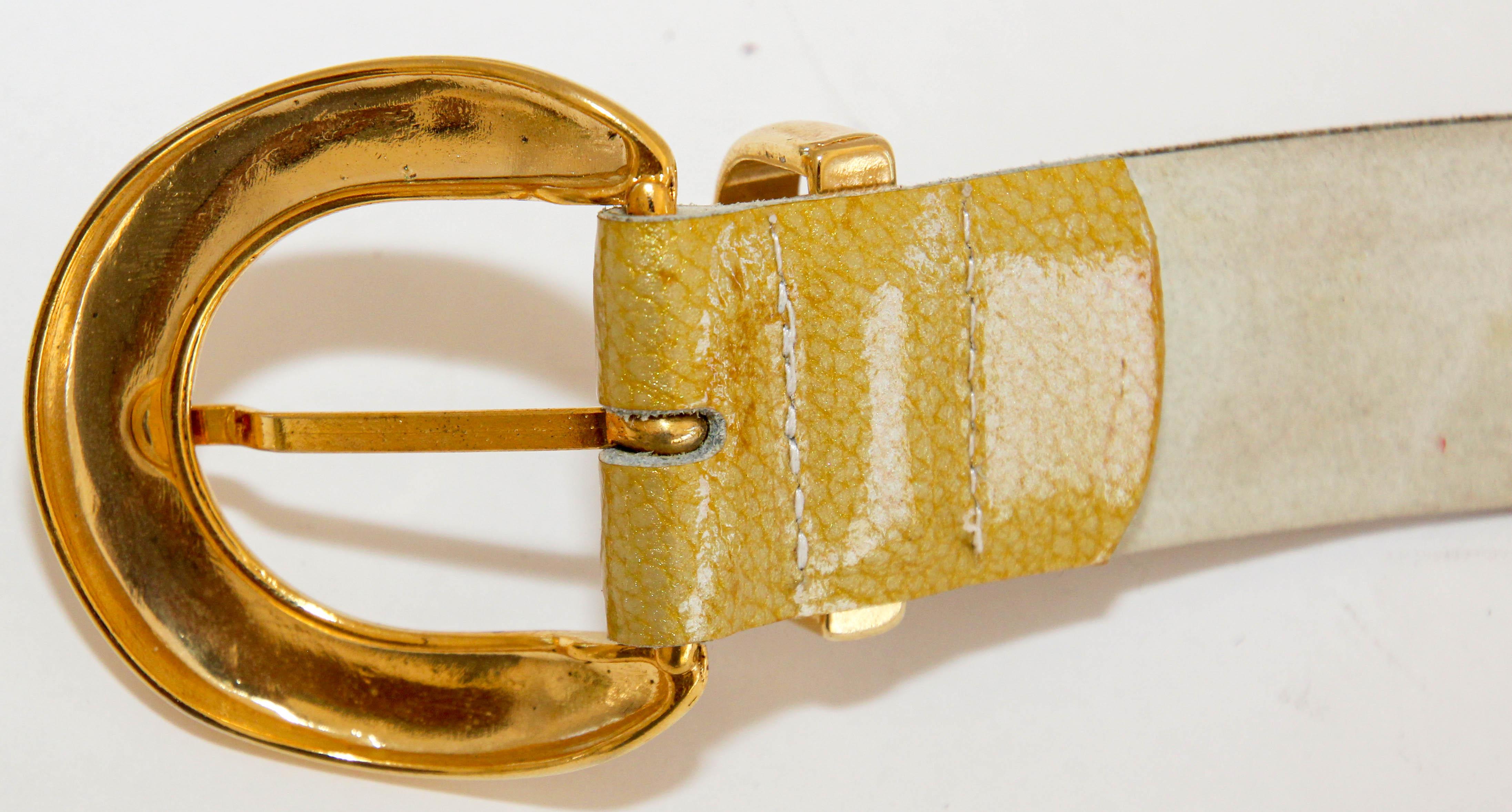 Vintage-Ledergürtel aus Lackleder in Gold mit H-Messing-Logo, hergestellt in Frankreich im Angebot 5