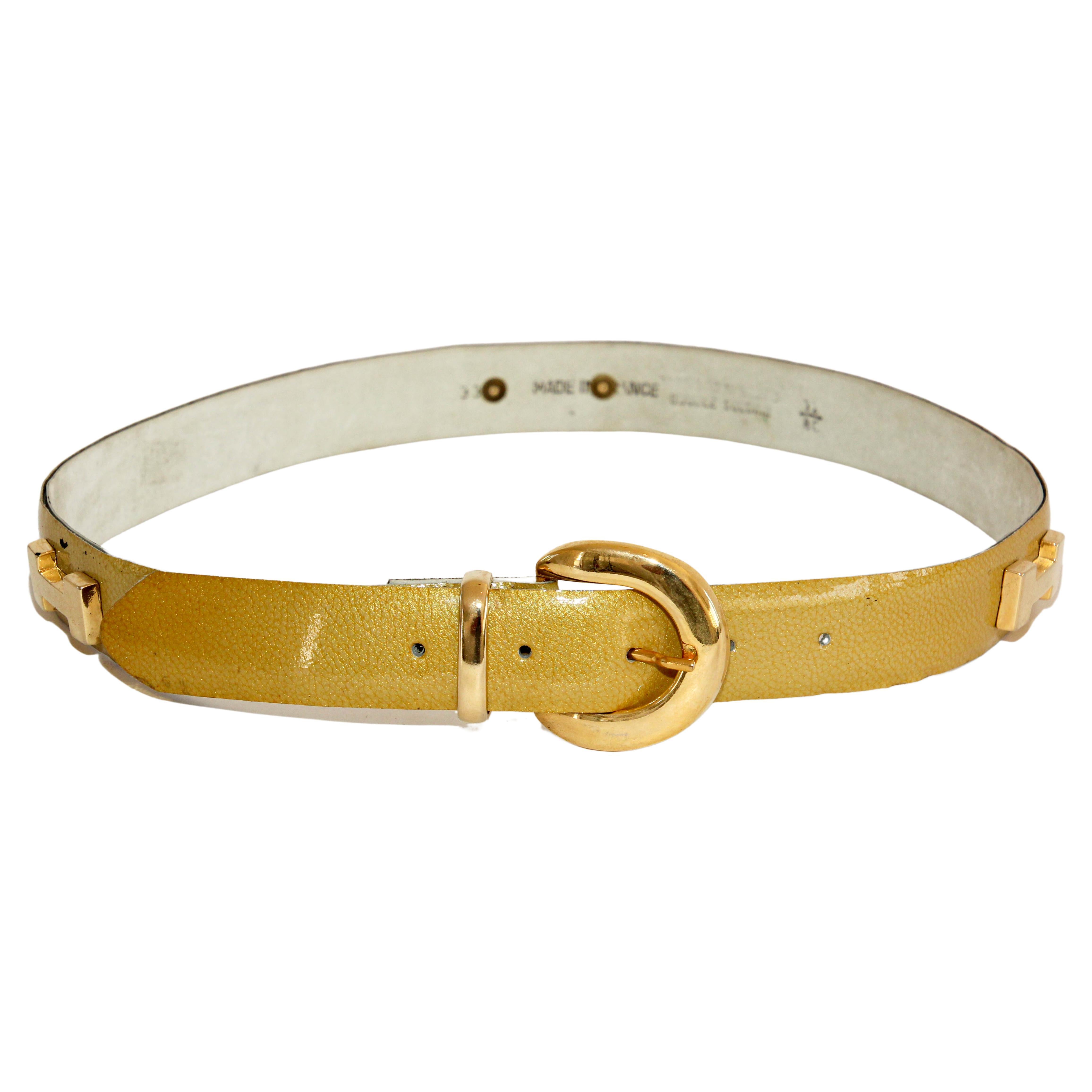 Vintage Patent Gold Leather Belt with H Brass Logo Made In France For Sale
