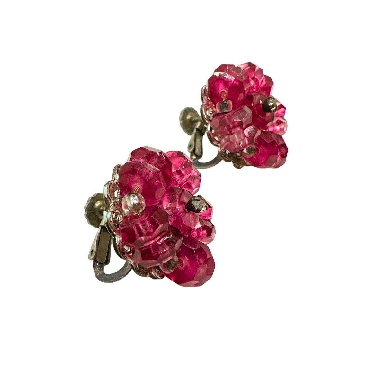 Art Deco Vintage Patented Pink Glass Floral Clip on Earrings  For Sale
