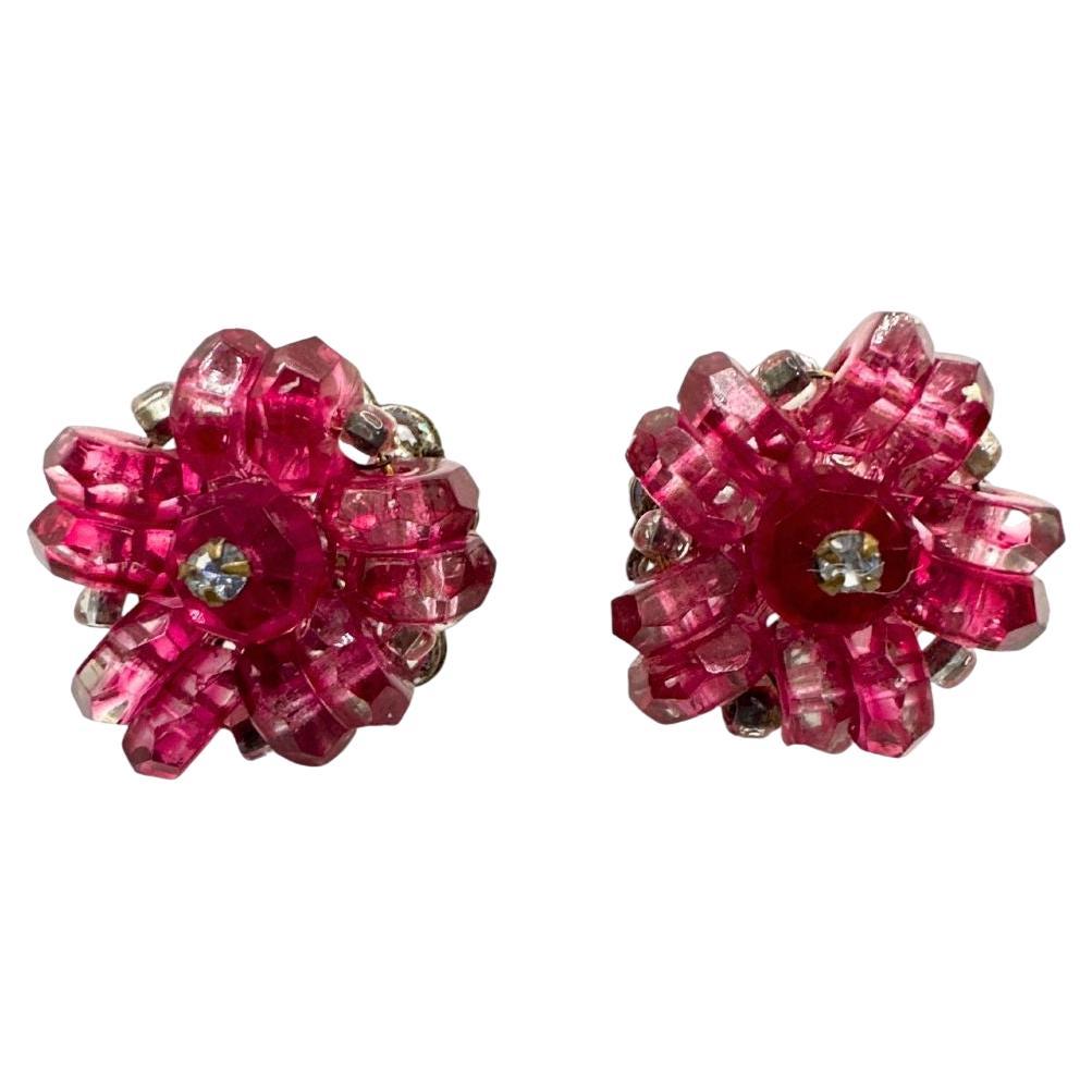 Vintage Patented Pink Glass Floral Clip on Earrings  For Sale