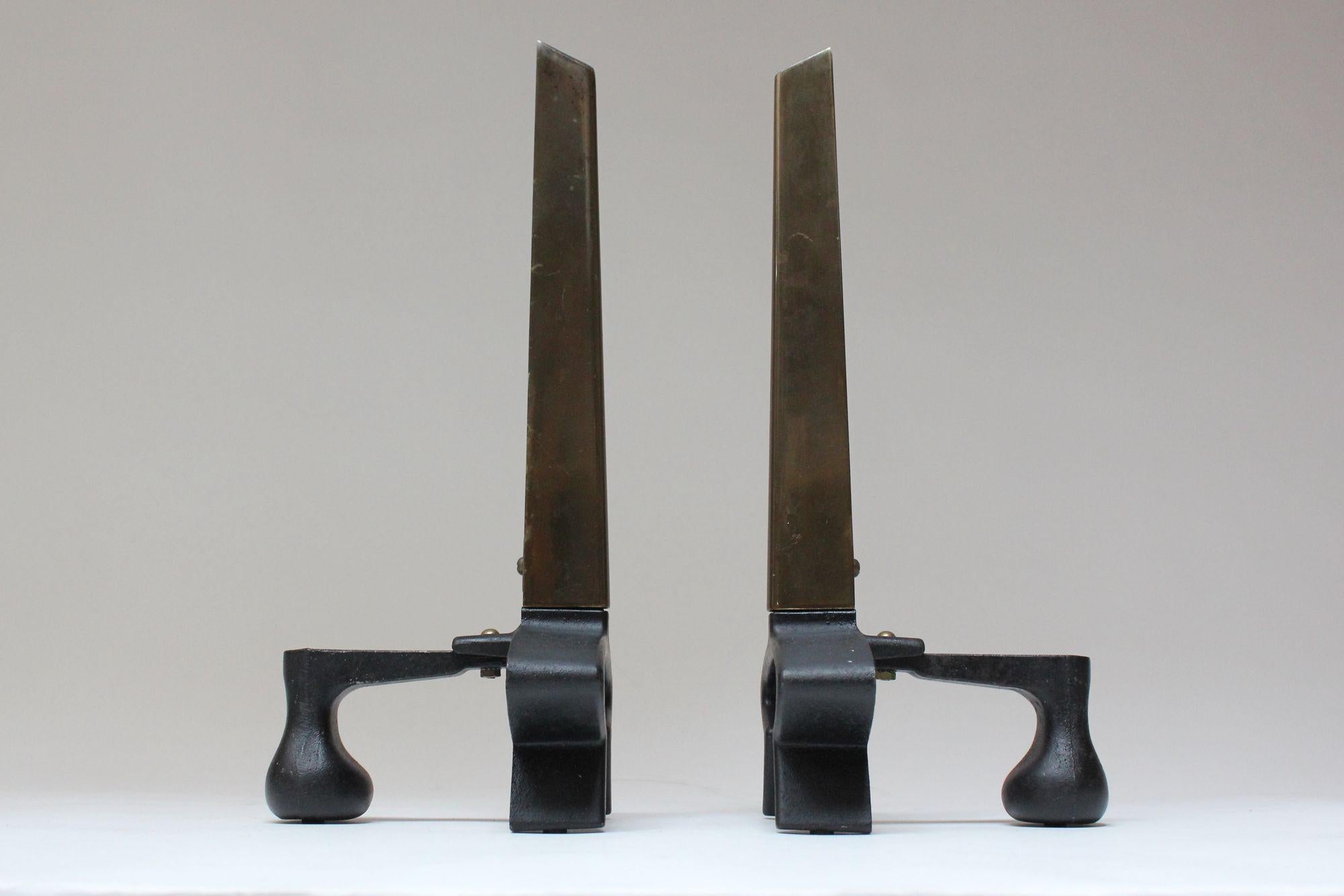 American Vintage Patinated Brass Sculptural Andirons by Donald Deskey For Sale