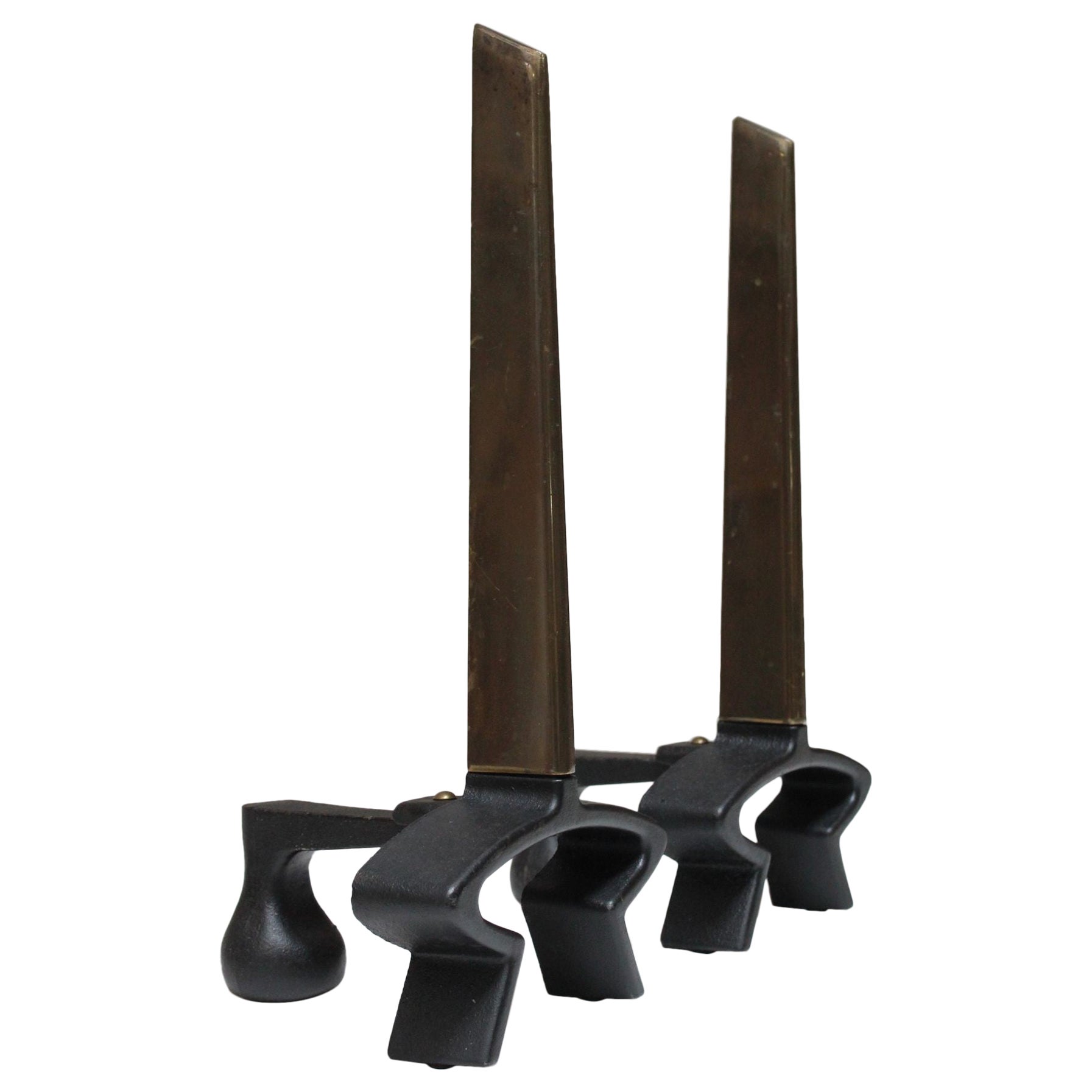 Vintage Patinated Brass Sculptural Andirons by Donald Deskey