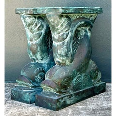 Vintage Patinated Bronze Dolphin Table Pedestals - A Pair