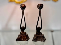 Vintage Patinated Bronze Monkey Cast Candlesticks, circa 1950-1970