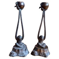 Vintage Patinated Bronze Monkey Cast Candlesticks, circa 1950-1970