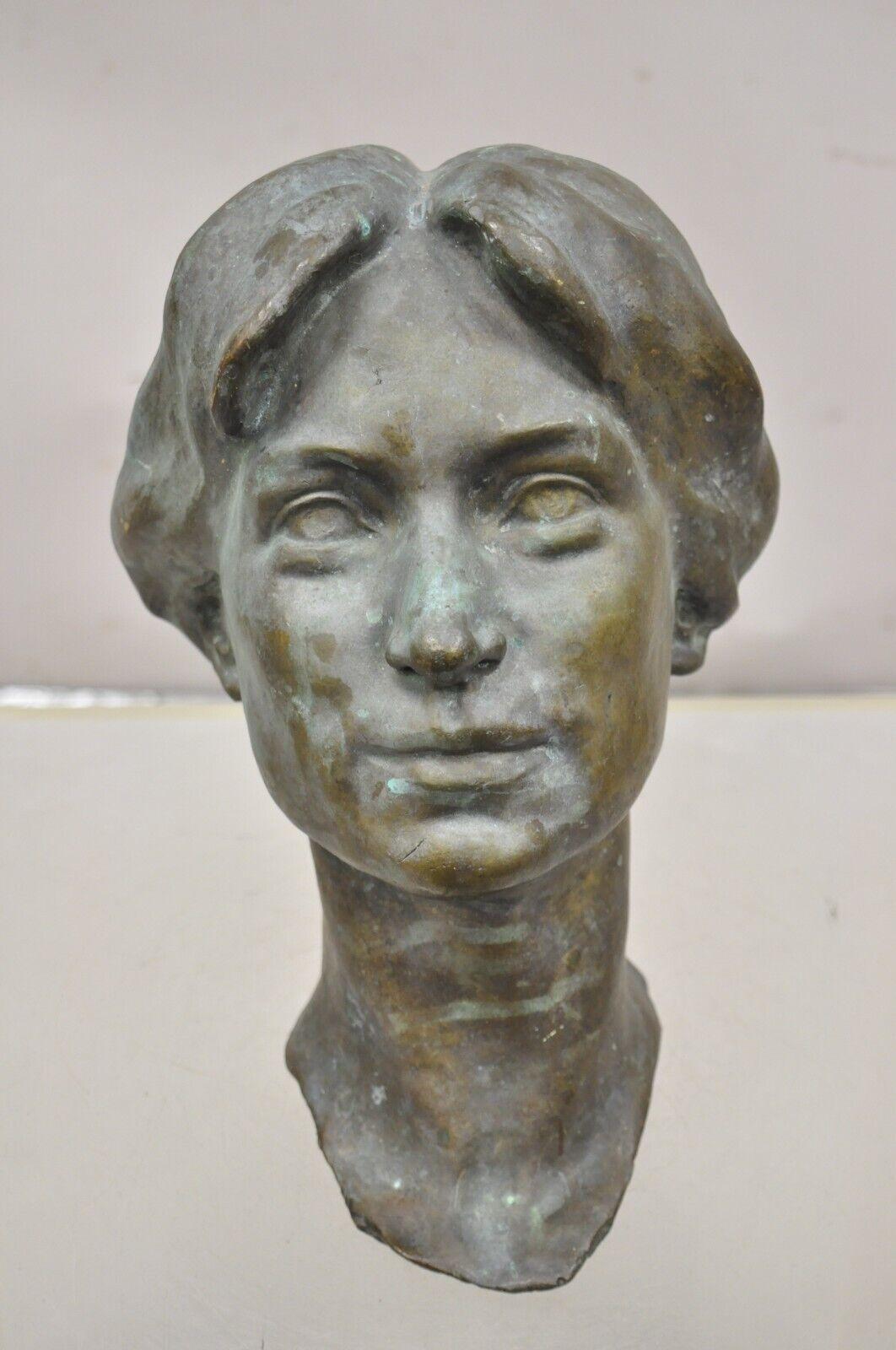 Art Nouveau Vintage Patinated Cast Bronze Bust Statue Sculpture of Woman with Pinned Hair For Sale