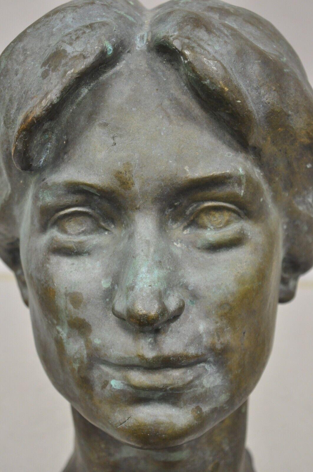 Vintage Patinated Cast Bronze Bust Statue Sculpture of Woman with Pinned Hair In Good Condition For Sale In Philadelphia, PA