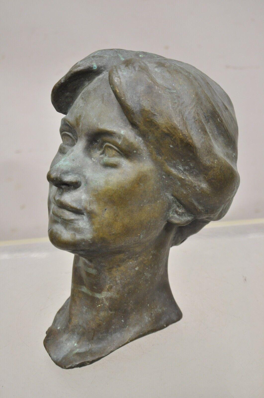 20th Century Vintage Patinated Cast Bronze Bust Statue Sculpture of Woman with Pinned Hair For Sale
