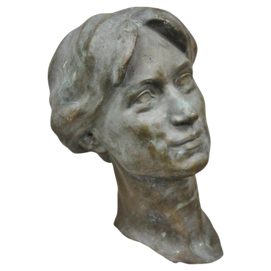 Vintage Patinated Cast Bronze Bust Statue Sculpture of Woman with Pinned Hair For Sale