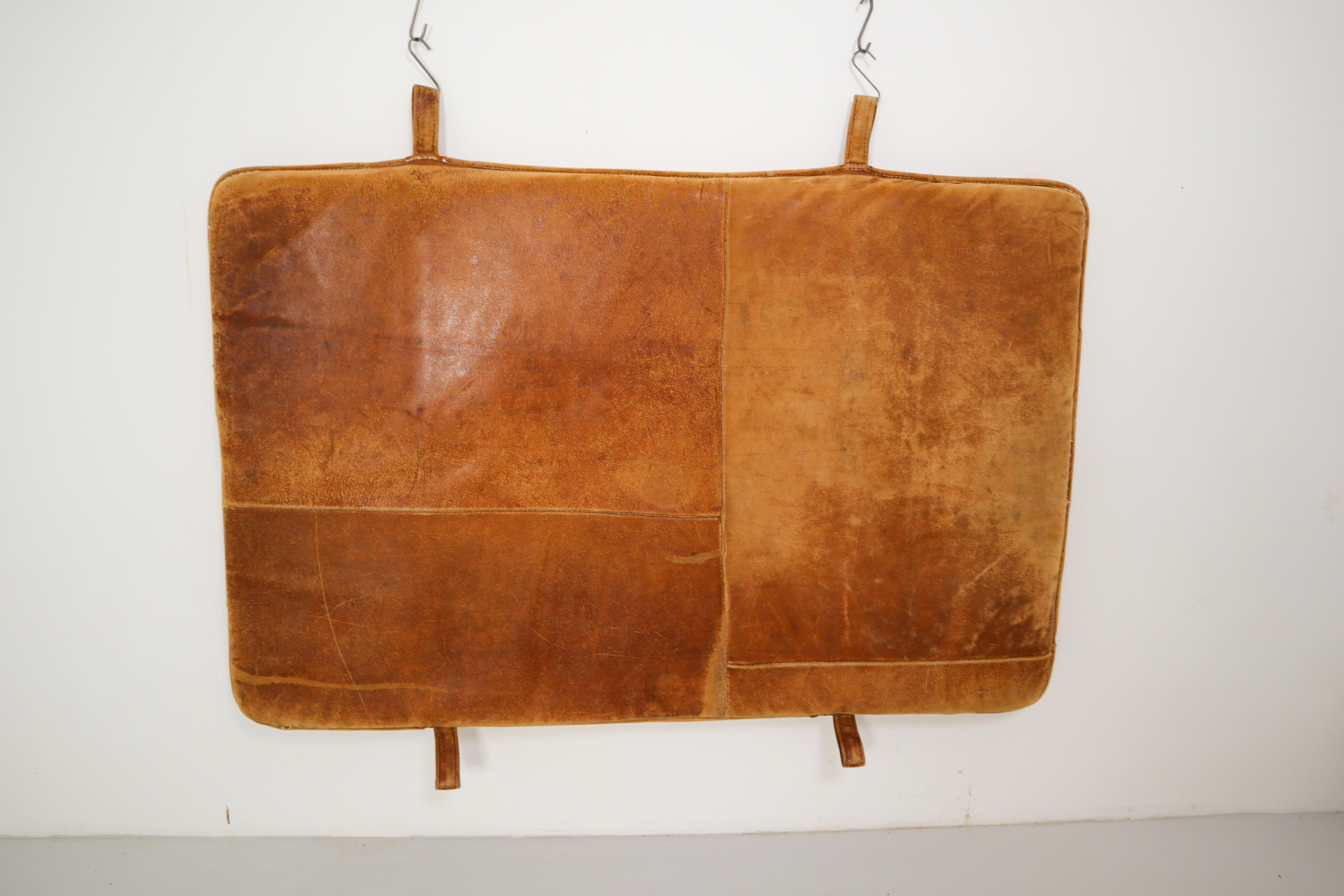 Mid-20th Century Vintage Patinated Cognac Brown Leather Gym Mat or Bedhead, 1940s