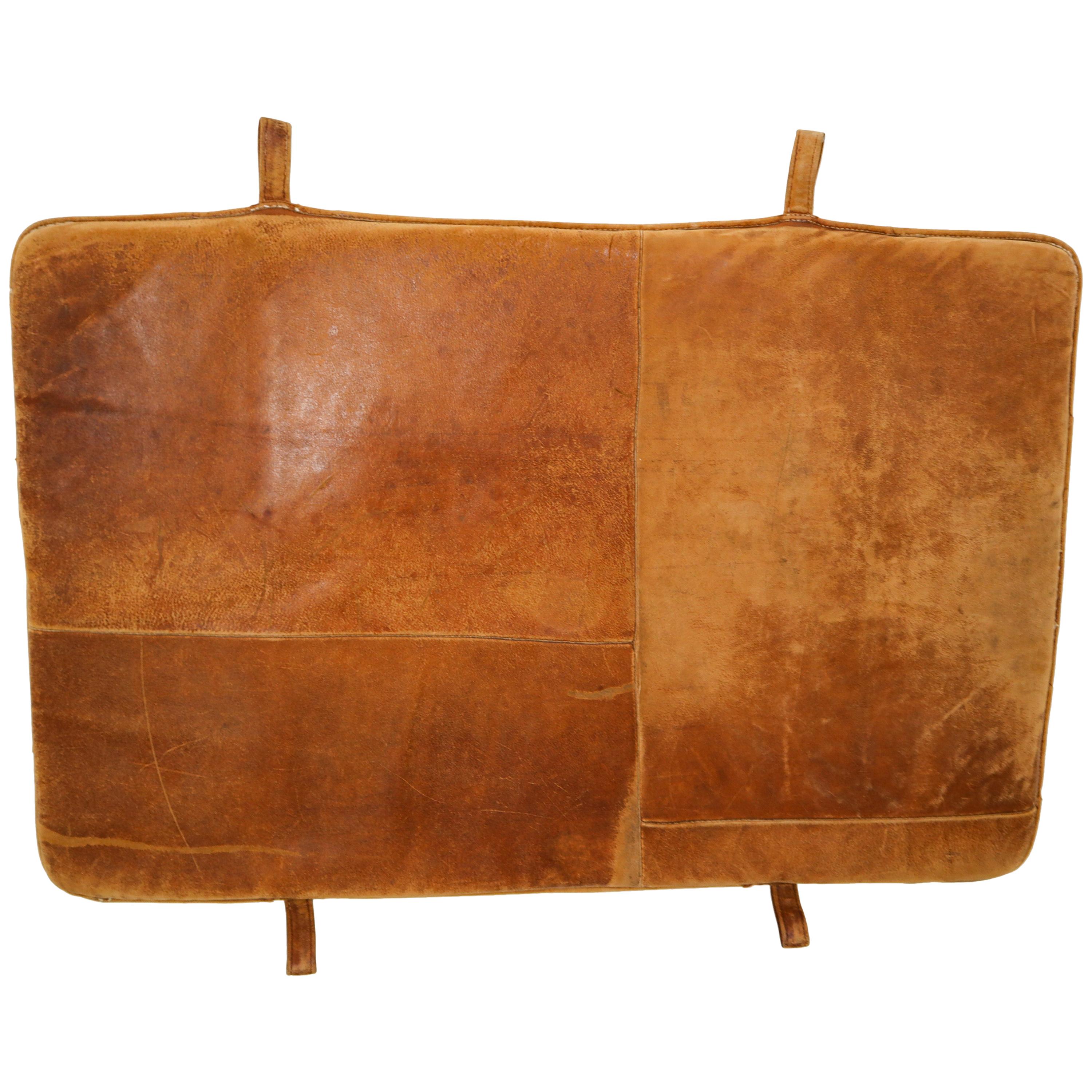 Vintage Patinated Cognac Brown Leather Gym Mat or Bedhead, 1940s