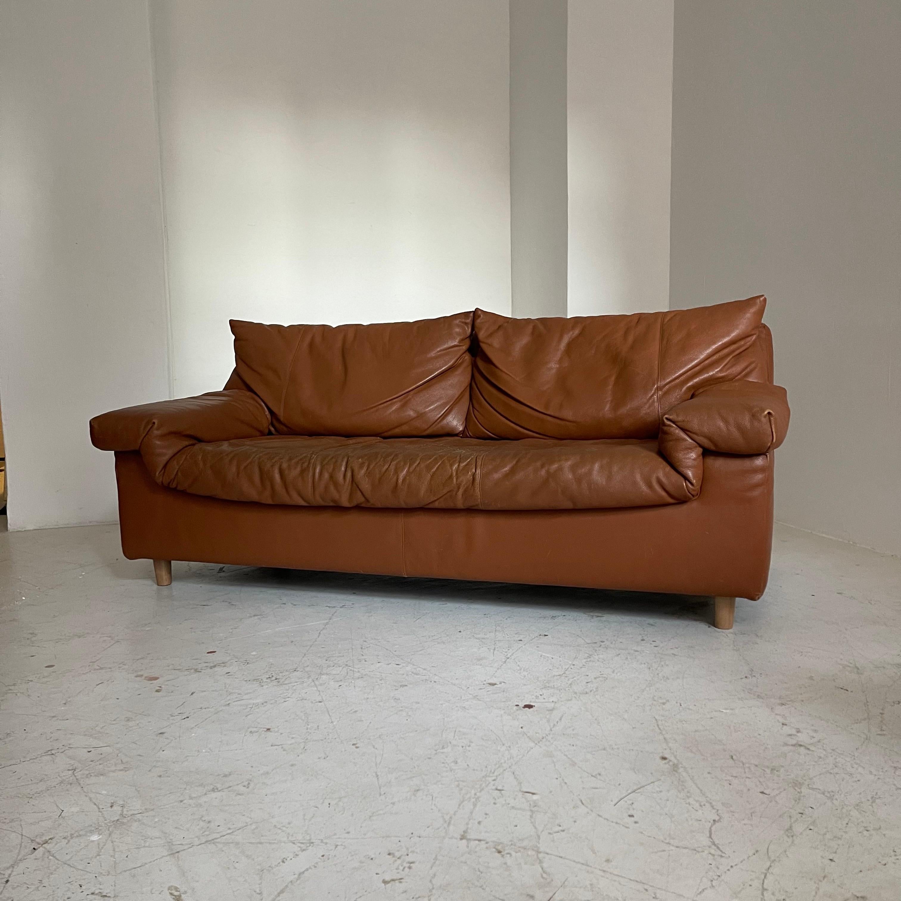 Late 20th Century Vintage Patinated Cognac Leather Sofa by Cinna, France, 1970 For Sale