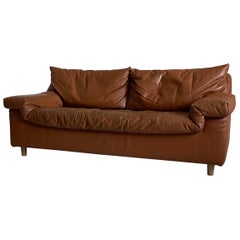 Vintage Patinated Cognac Leather Sofa by Cinna, France, 1970